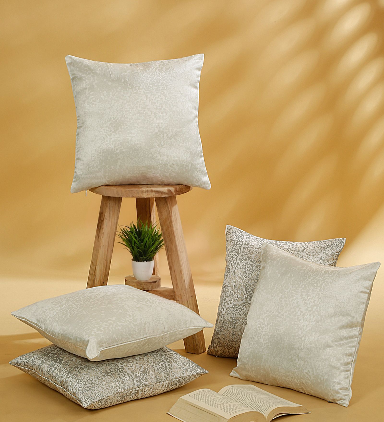 Cream and Grey Polyester Ethnic 16x16 inches Cushion Cover Set of 5