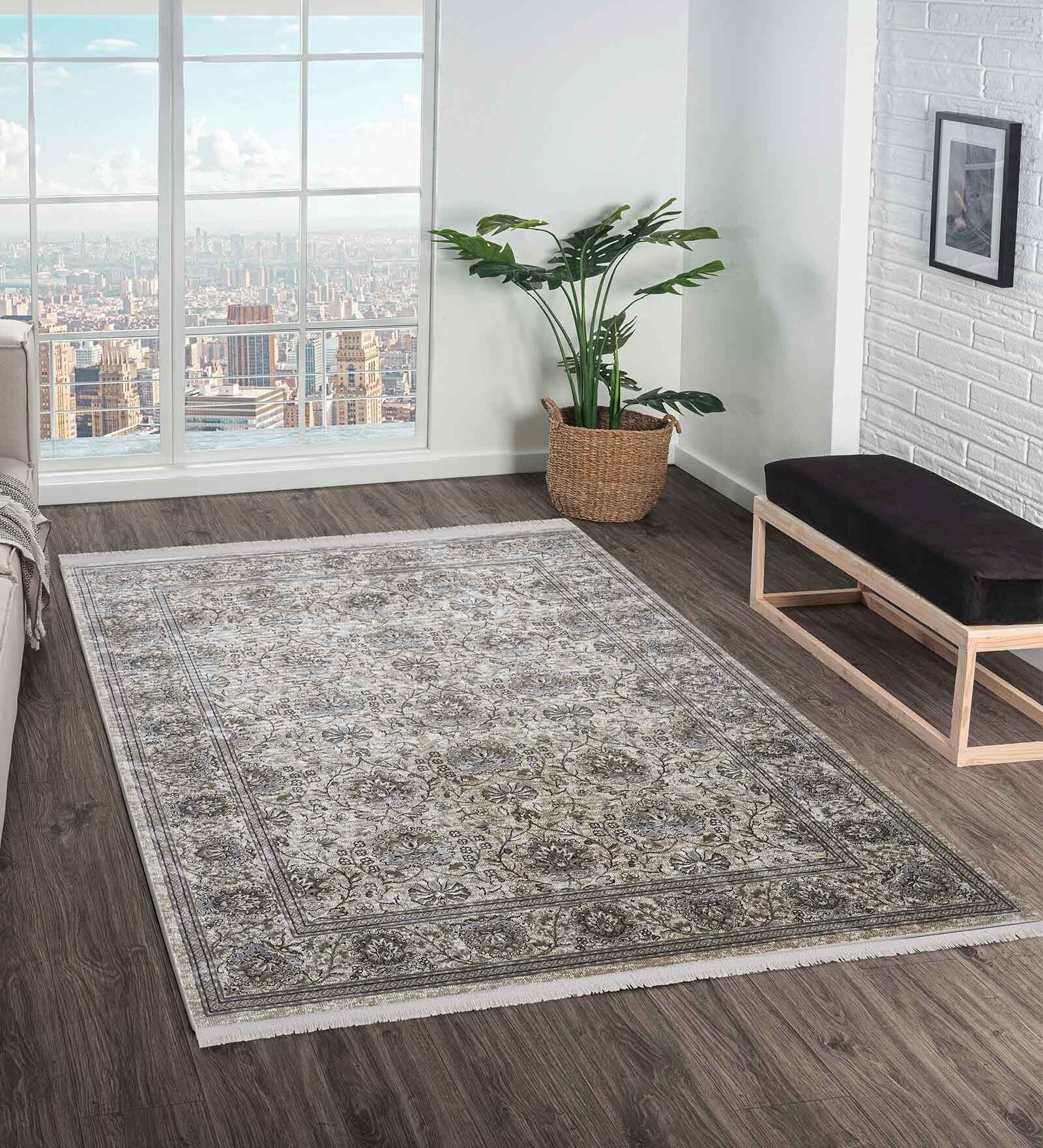 Cream and Taupe Persian 3x5 Feet Machine Made Carpet