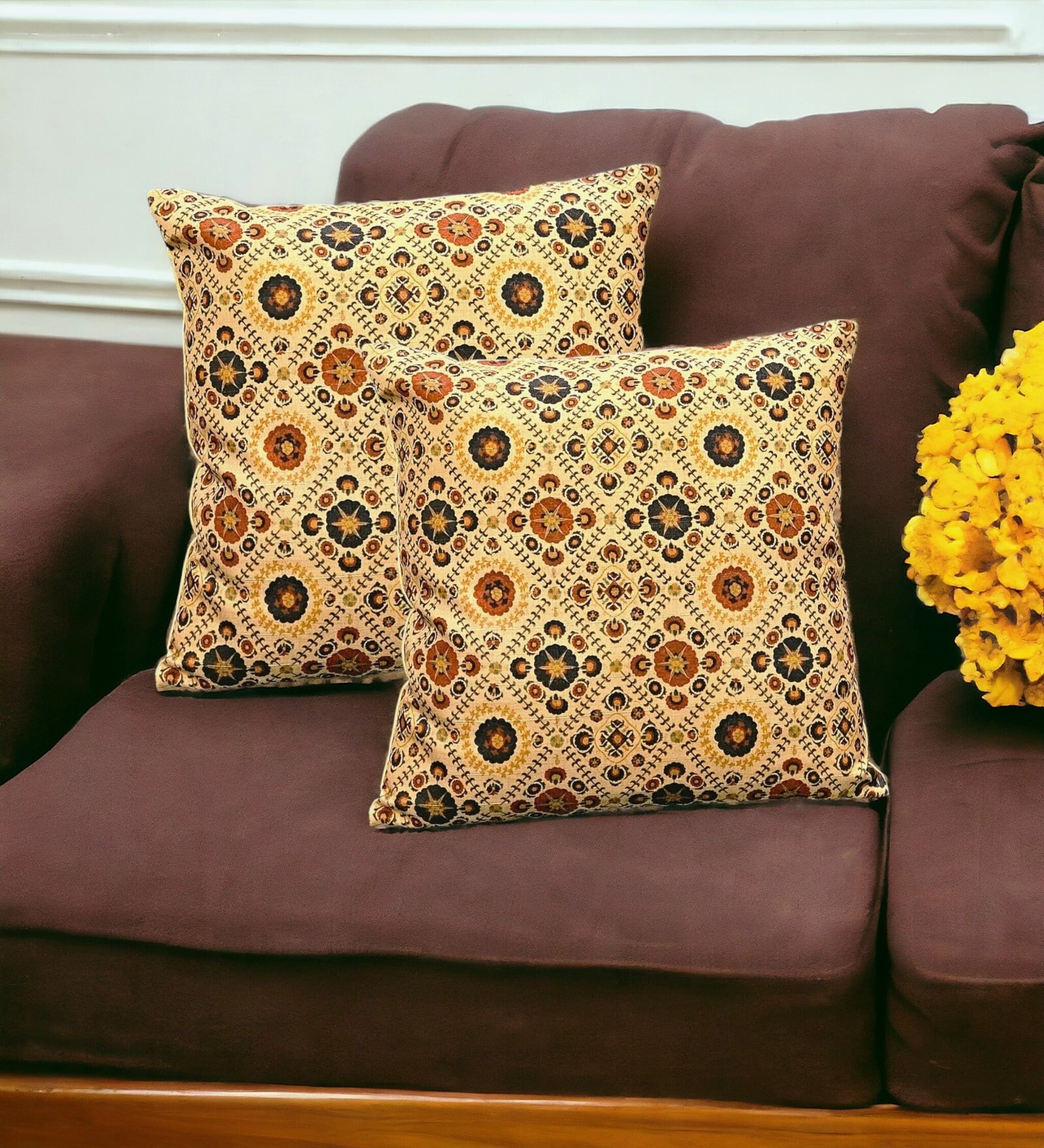 Cream Art Silk Chanderi Textured Floral 16x16 inches Cushion Covers (Set of 2)