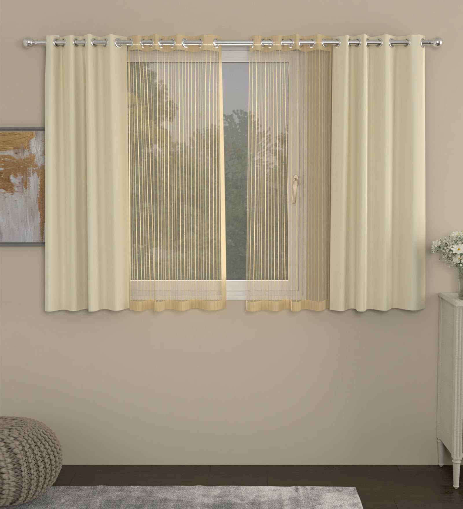 Cream Striped Polyester 5 Ft Blackout Eyelet Window Curtains (Set of 4)