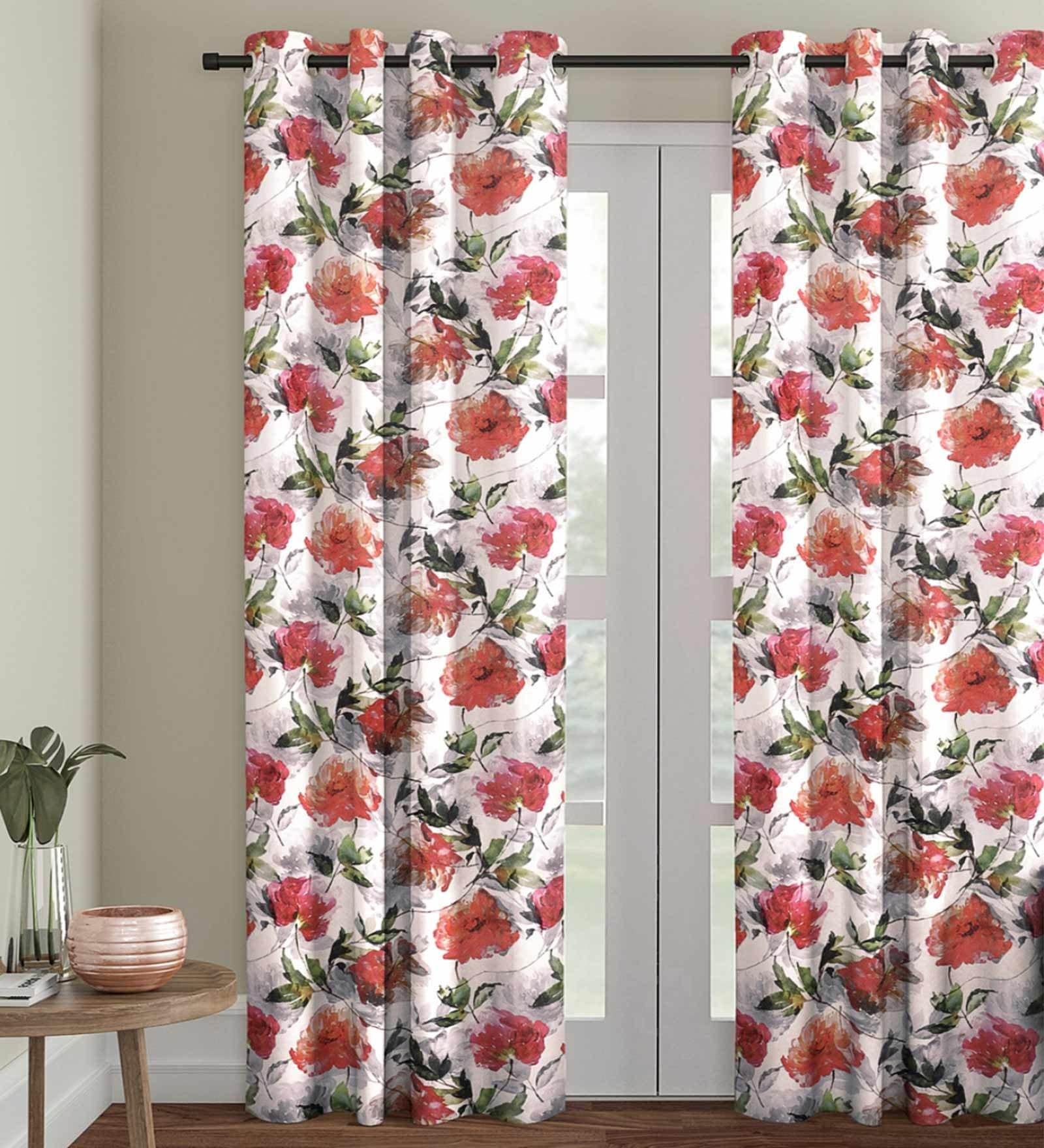 White Polyester Velvet Floral 7FT Light Filtering Eyelet Door Curtains (Pack of 1)