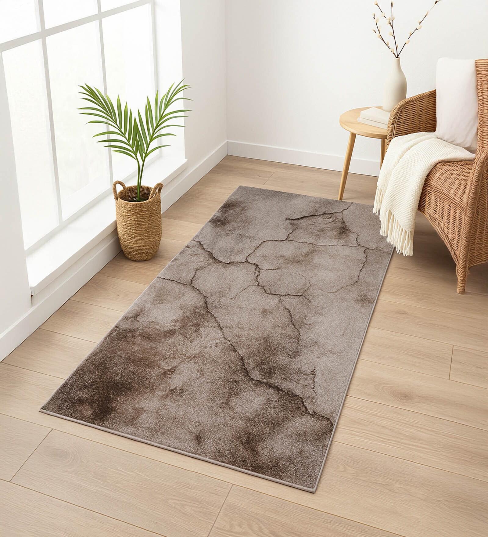Cream Brown Abstract Polypropylene 5 ft x 2.5 ft Machine Made Runner