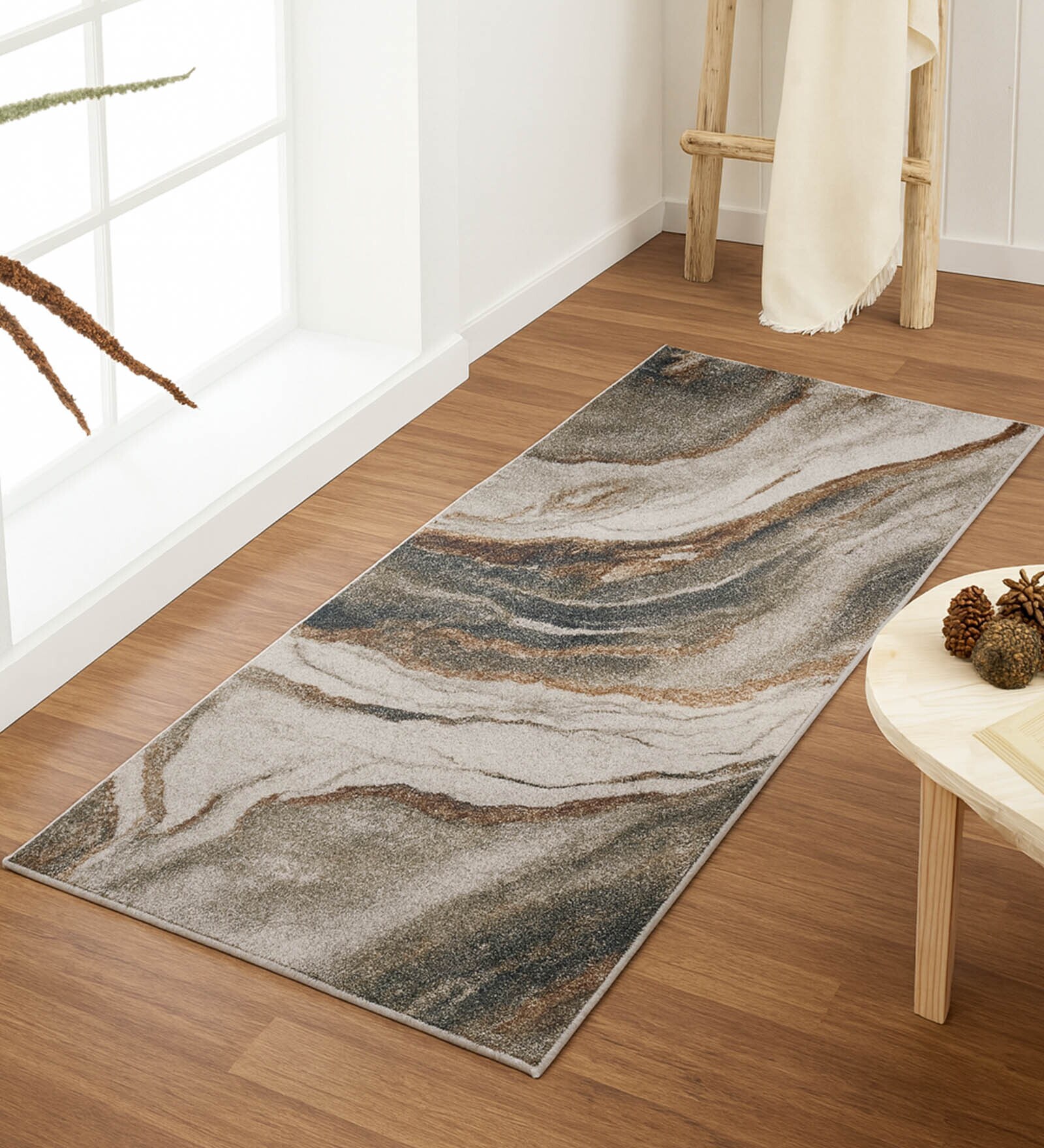 Cream Brown Abstract Polypropylene 5 ft x 2.5 ft Machine Made Runner
