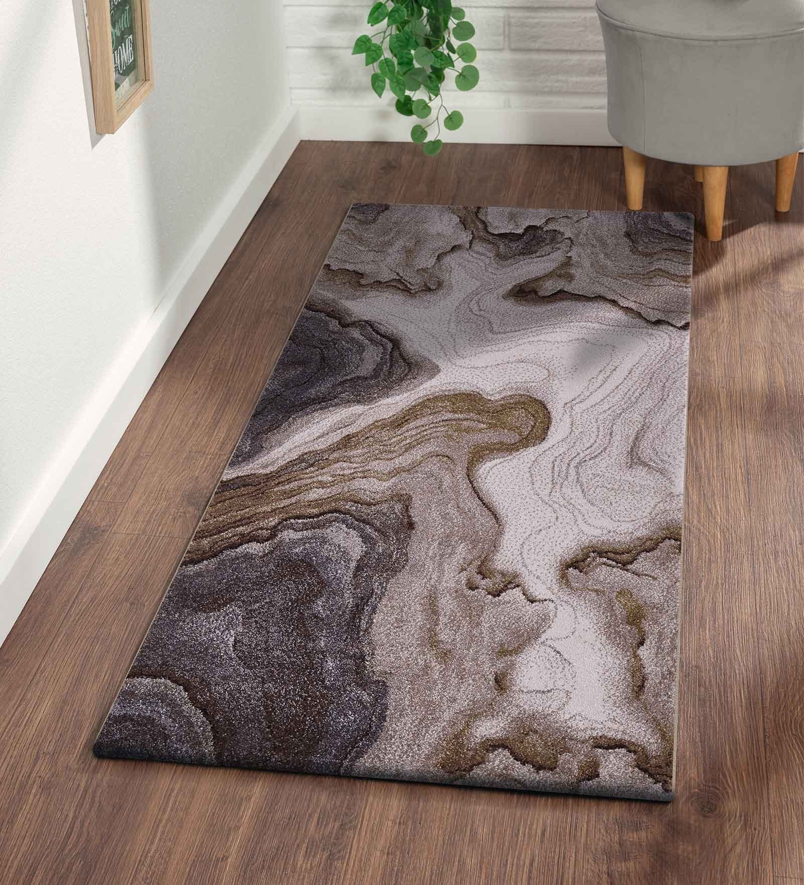 Cream Brown Abstract Polypropylene 5 ft x 2 ft Machine Made Runner