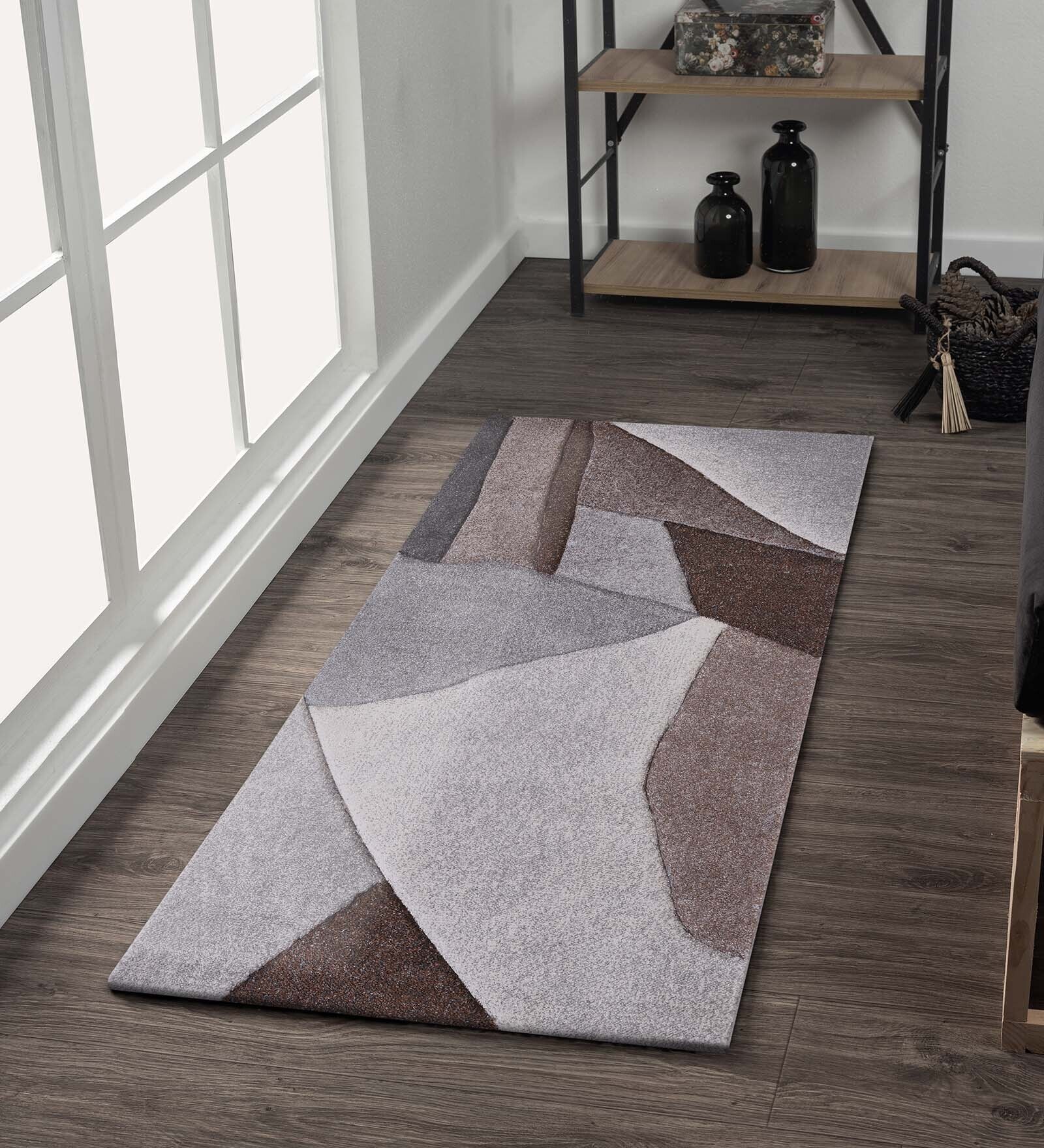 Cream Brown Abstract Polypropylene 5 ft x 2 ft Machine Made Runner
