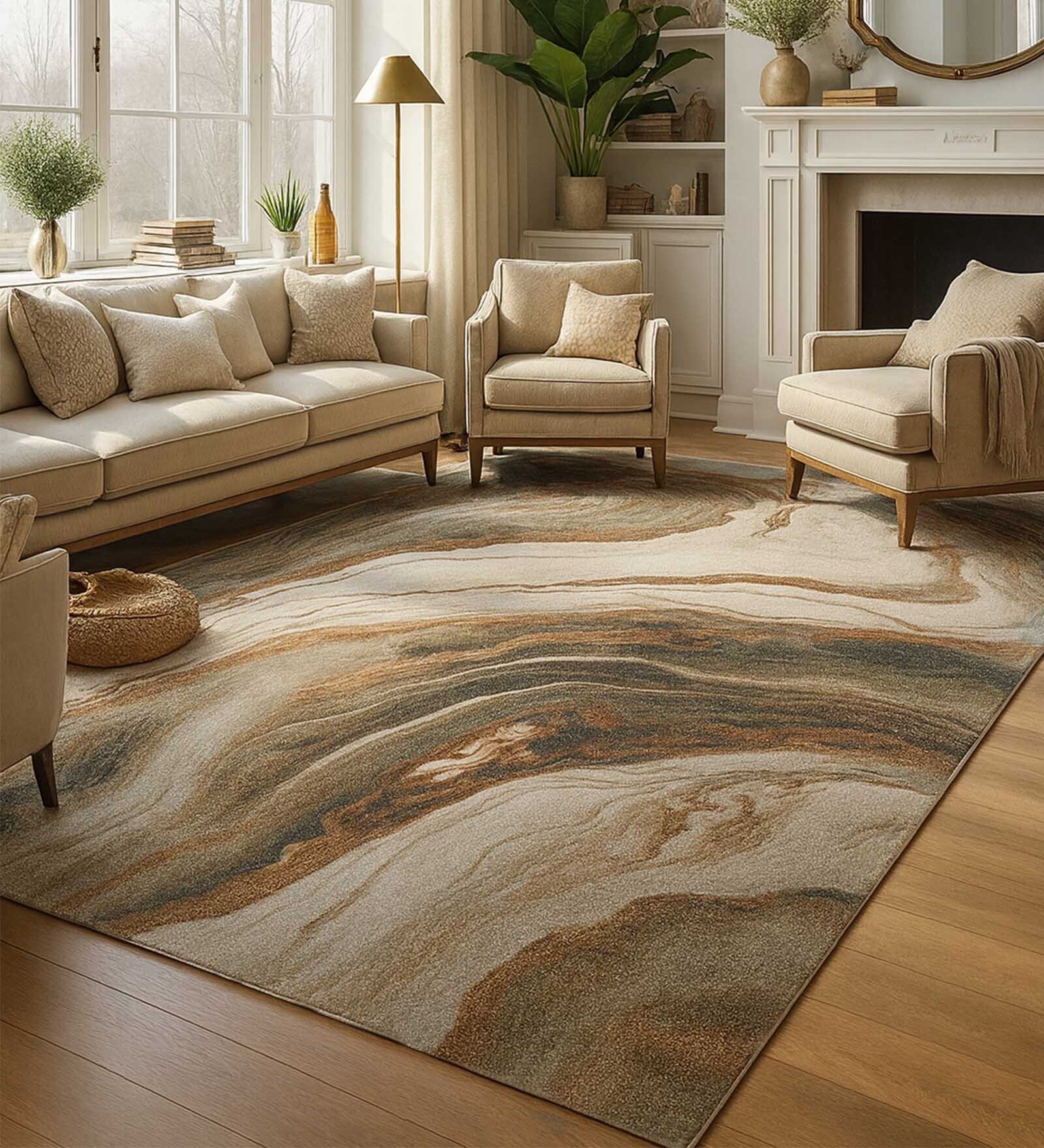 Cream Brown Abstract Polypropylene 6 ft x 4 ft Machine Made Carpet