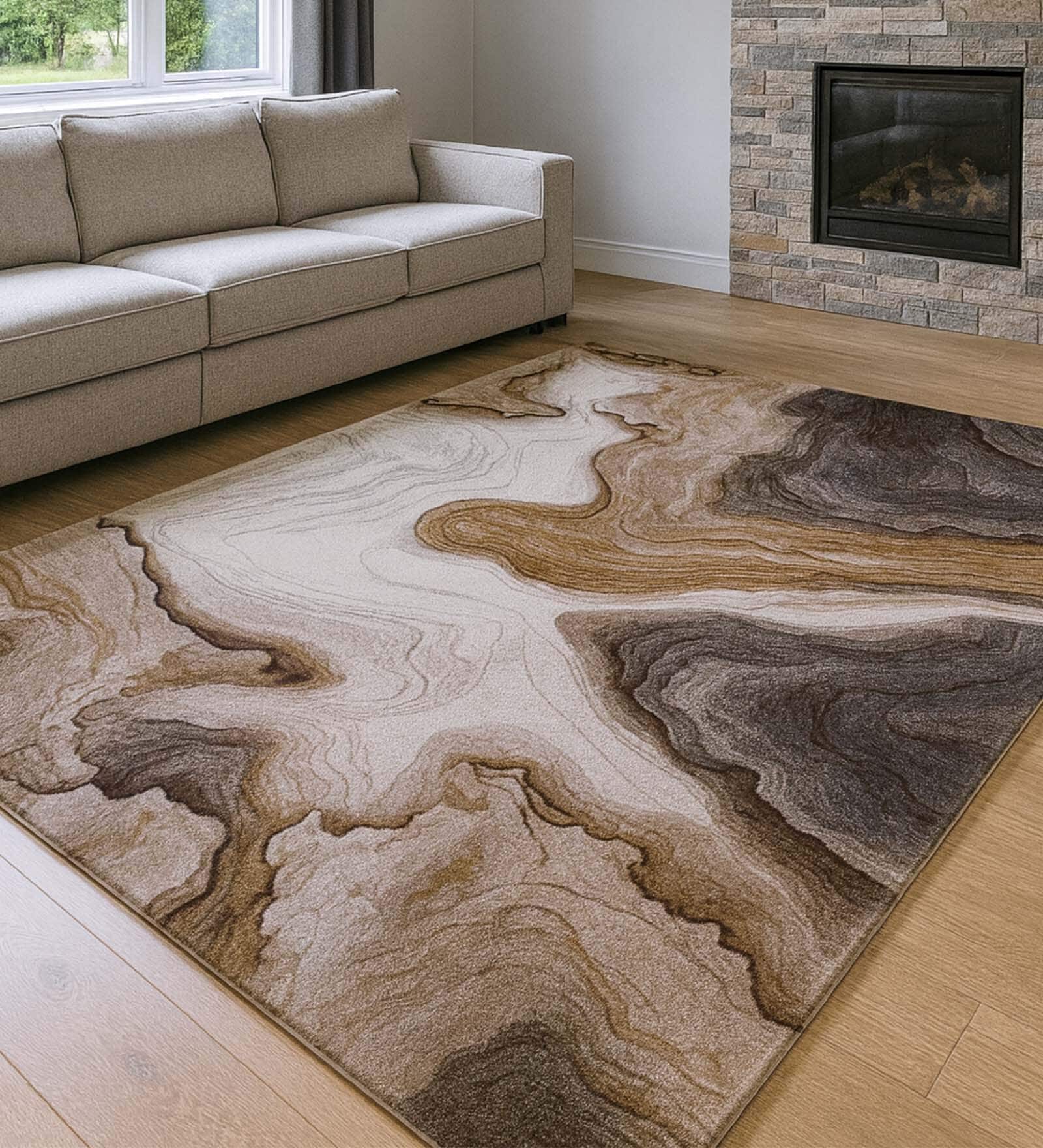 Cream Brown Abstract Polypropylene 7 ft x 5 ft Machine Made Carpet