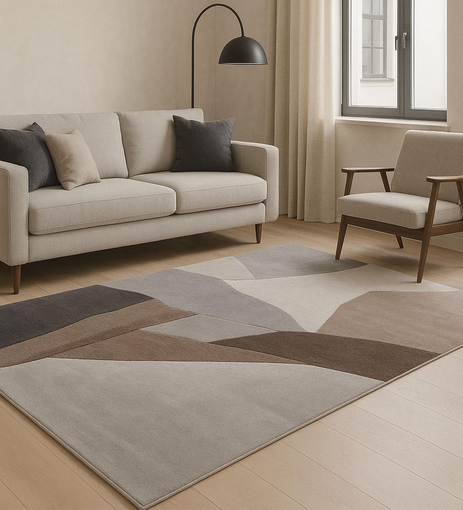 Cream Brown Abstract Polypropylene 9 ft x 6 ft Machine Made Carpet