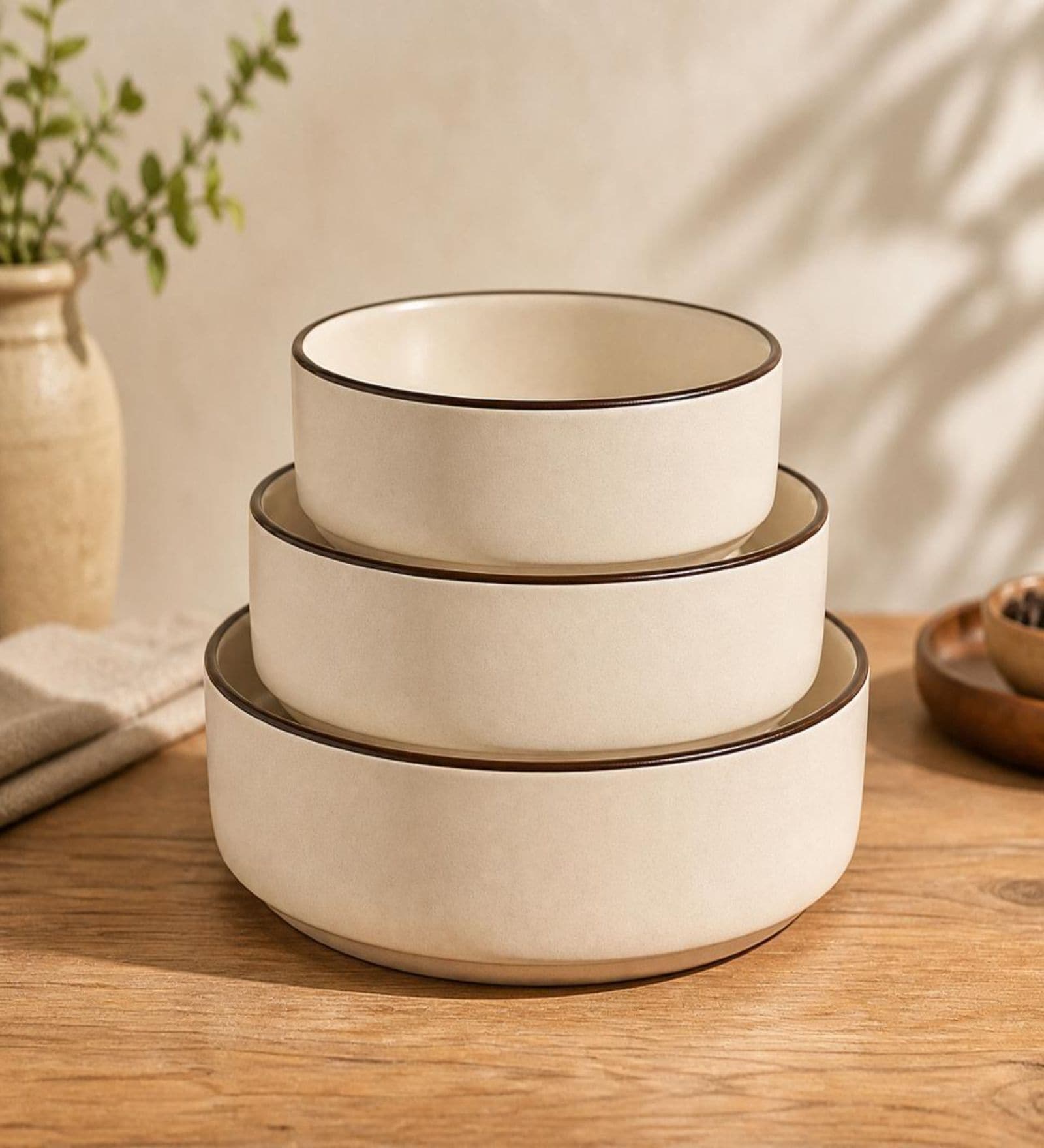 Cream Ceramic Serving Bowl Set of 3 (500 ML, 600 ML & 800 ML)