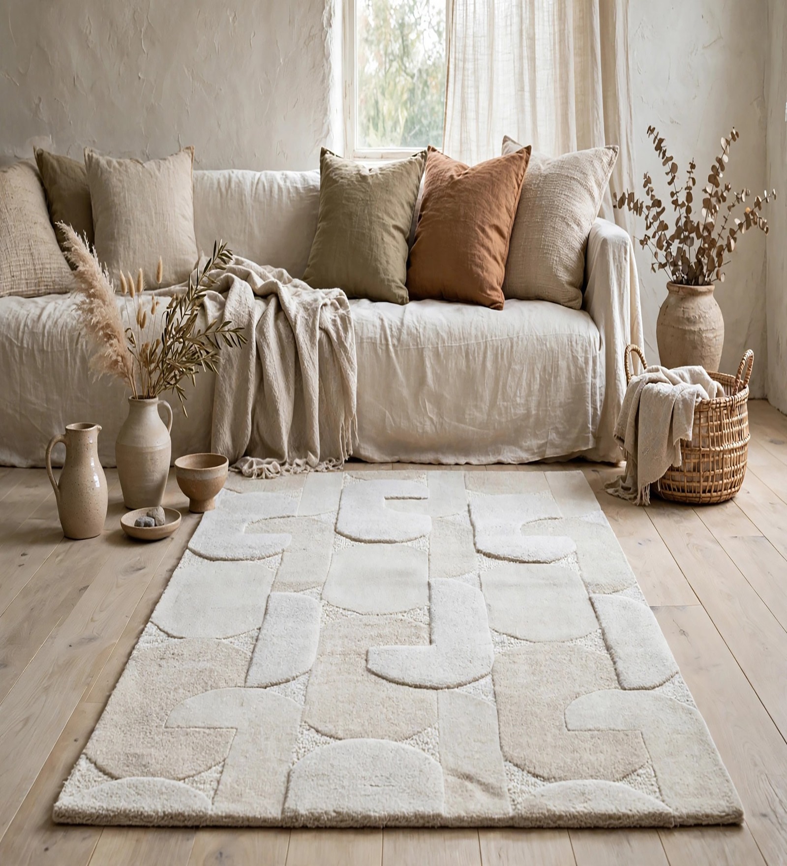 Cream Wool And Cotton 5 X 8 Ft Hand Tufted Carpet