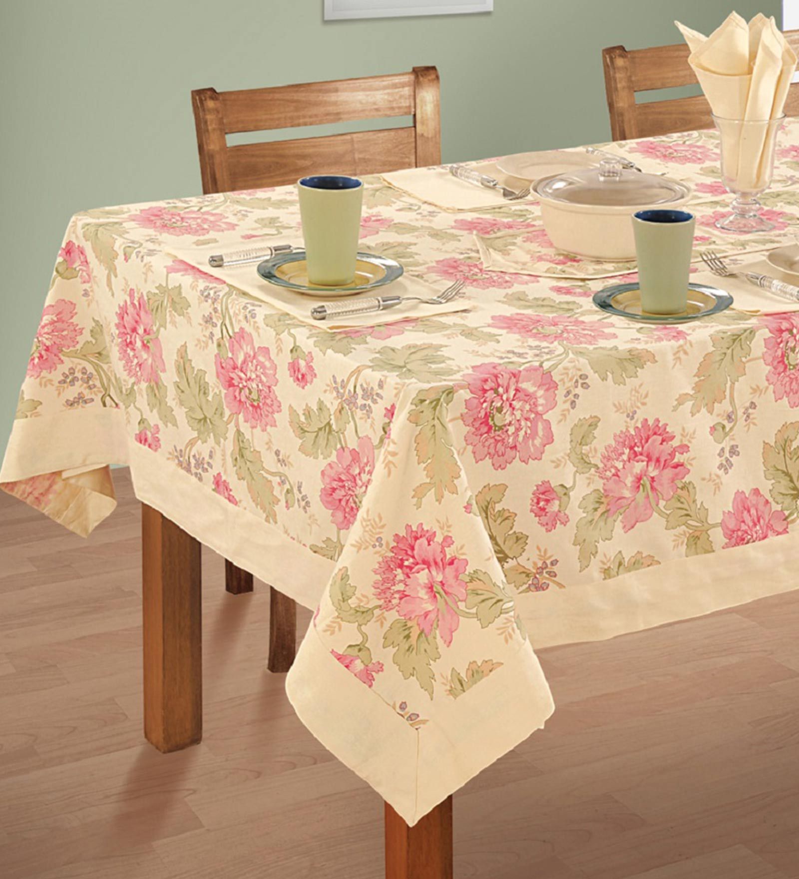 Floral (59x59) Cream & Pink Cotton Table Cloth