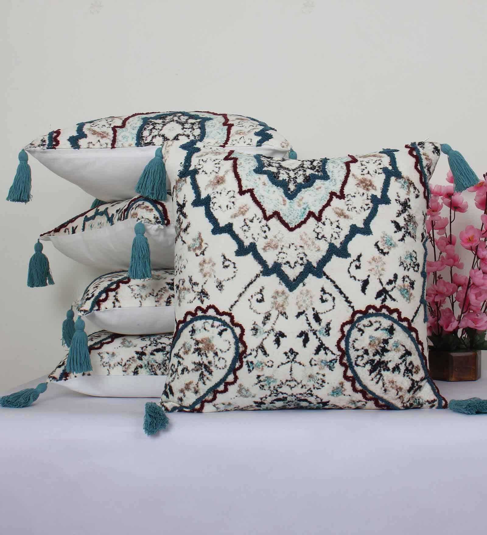 Cream Cotton Abstract 18x18 inches Cushion Covers (Set of 5)