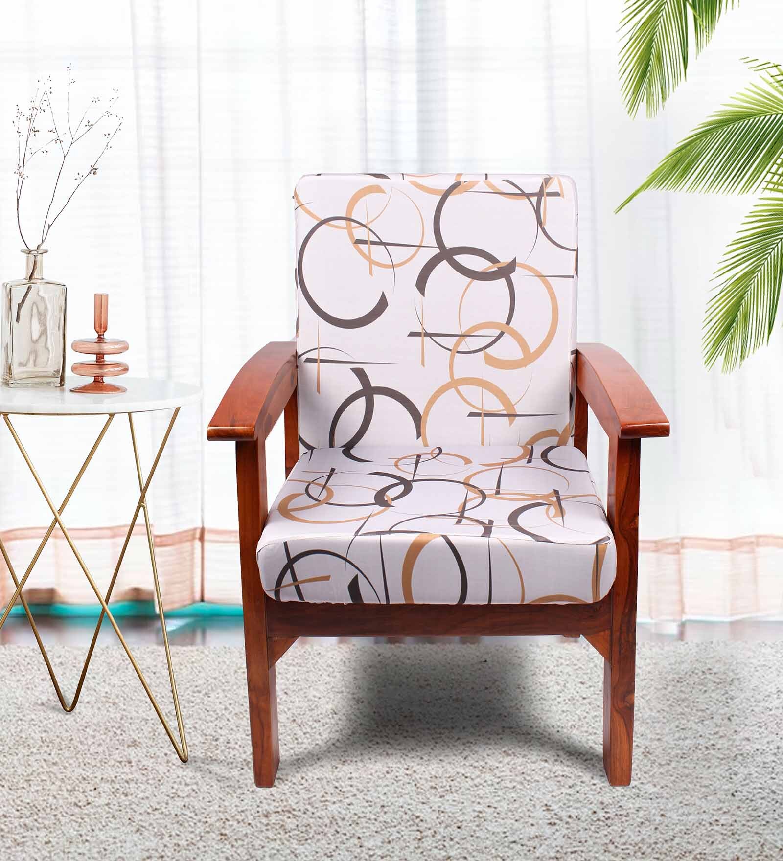 Cream Cotton Abstract 20x20 Inches 1 Seater Sofa Chair Covers (Pack of 4)