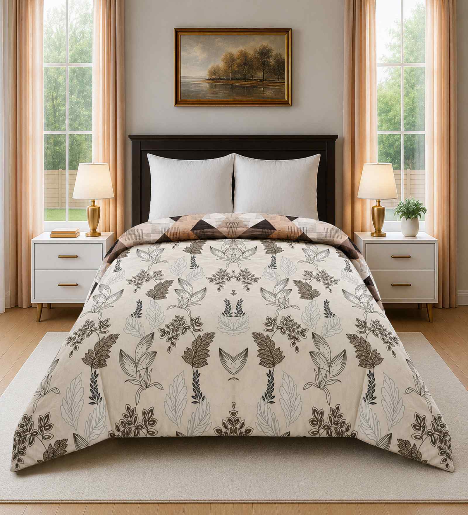 Cream Cotton Floral 300 Gsm Double Bed Reversible Comforter