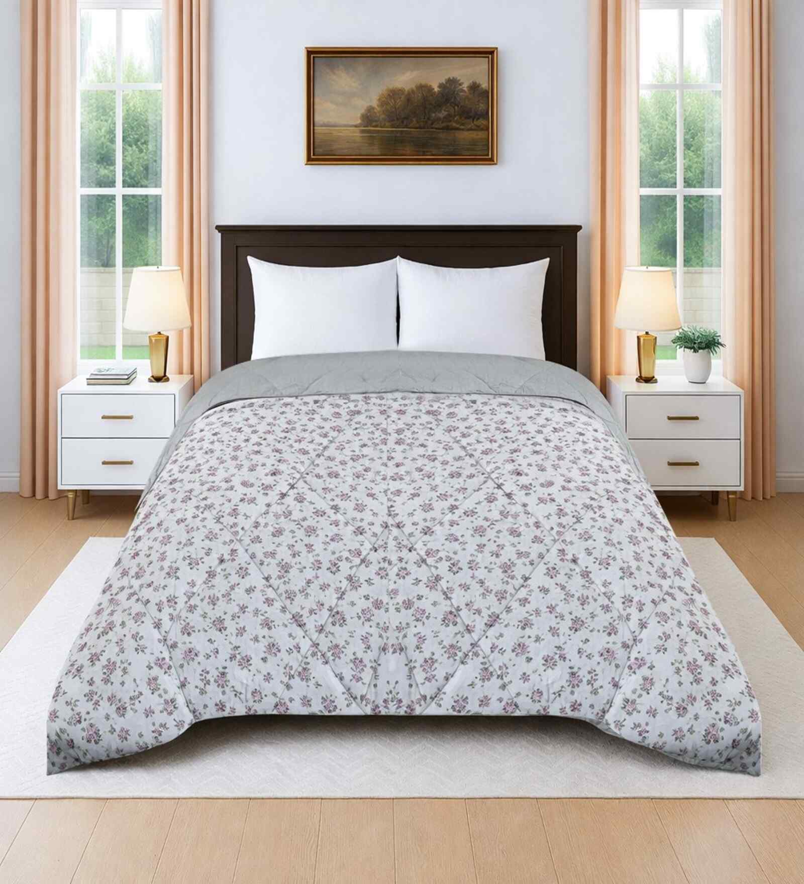 Cream Cotton Floral 350 Gsm Soft Quilted Double Bed Reversible Comforter