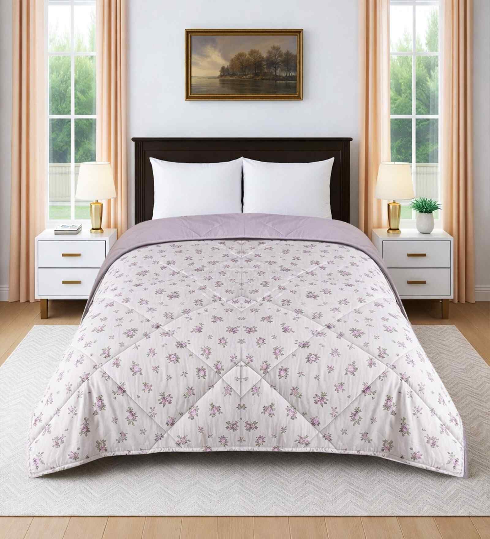 Cream Cotton Floral 350 Gsm Soft Quilted Double Bed Reversible Comforter
