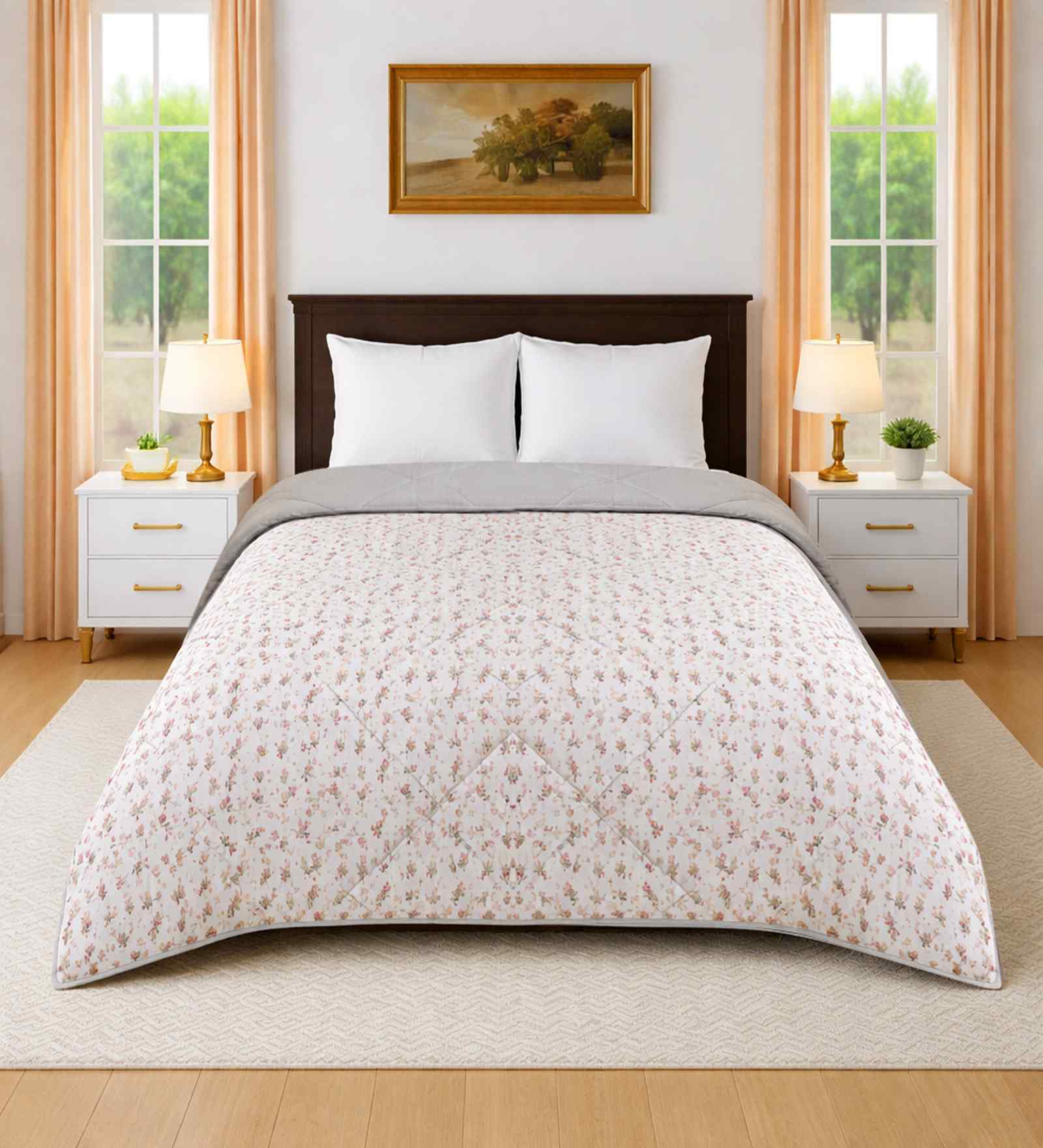 Cream Cotton Floral 350 Gsm Soft Quilted Double Bed Reversible Comforter