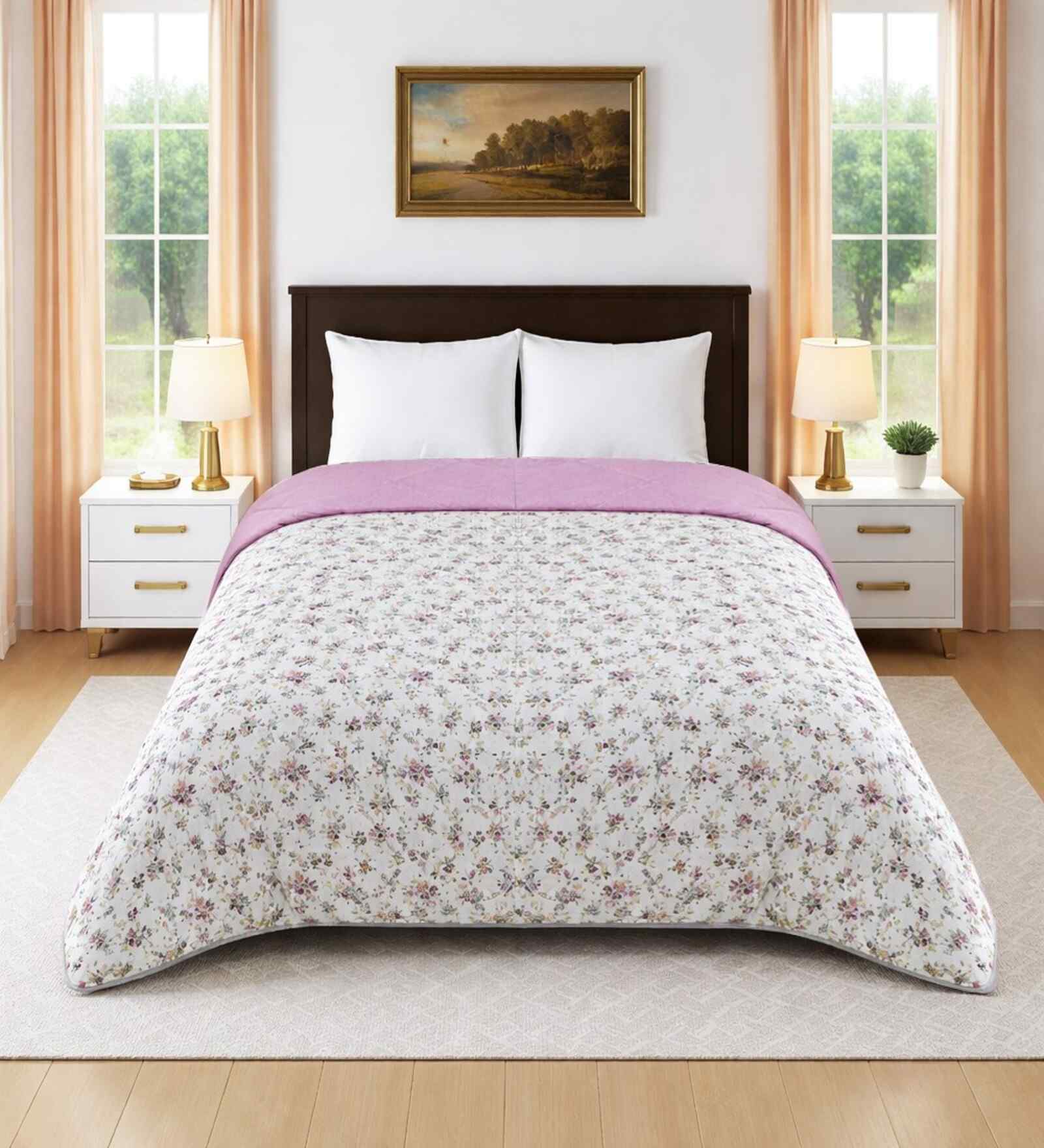 Cream Cotton Floral 350 Gsm Soft Quilted Double Bed Reversible Comforter