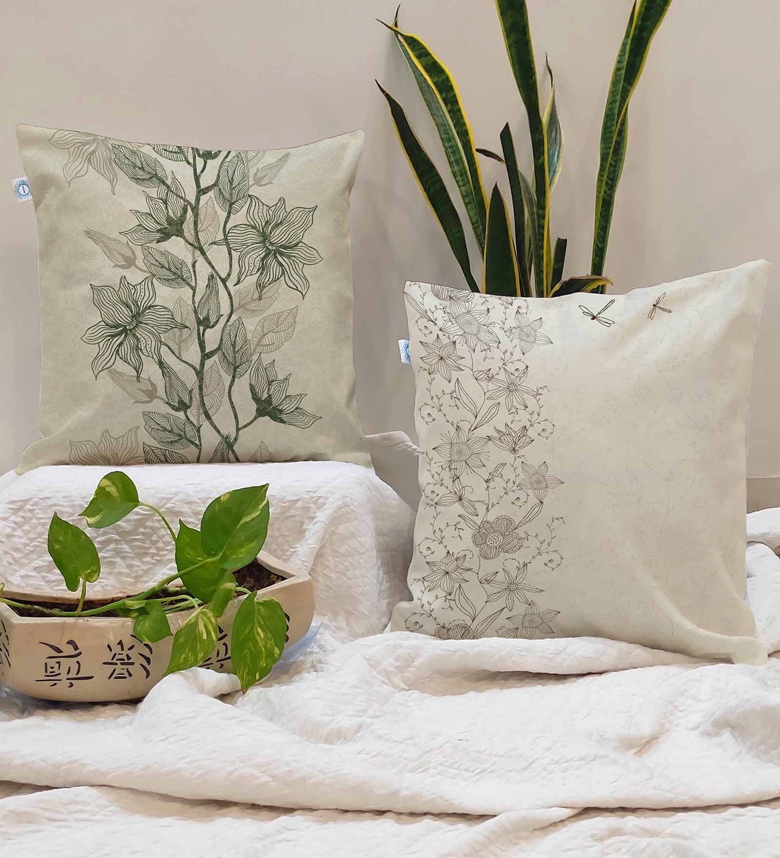Cream Cotton Florals 24x24 inches Cushion Covers (Pack of 2)