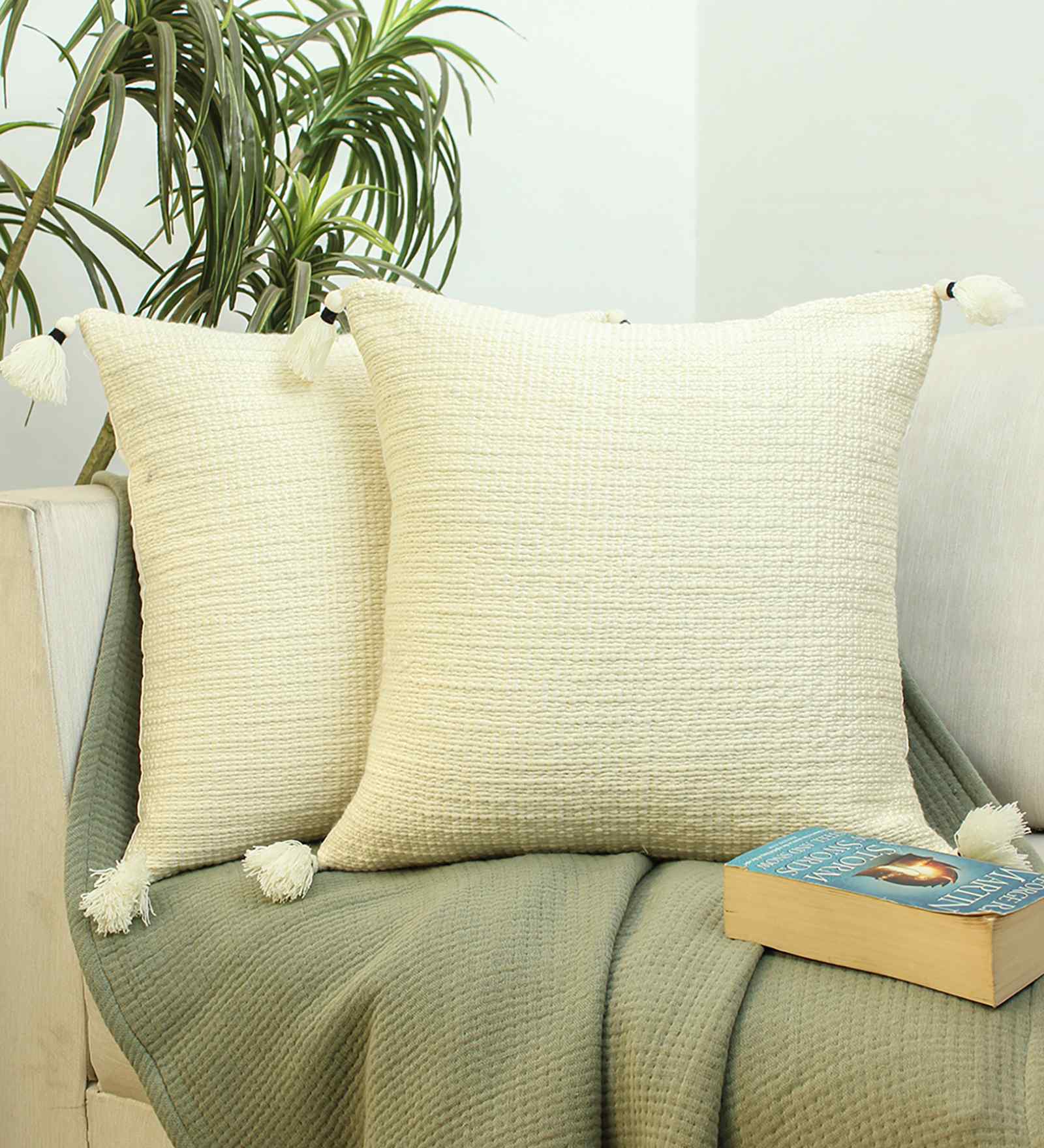 Cream Cotton Solid 16x16 inches Cushion Cover Set of 2