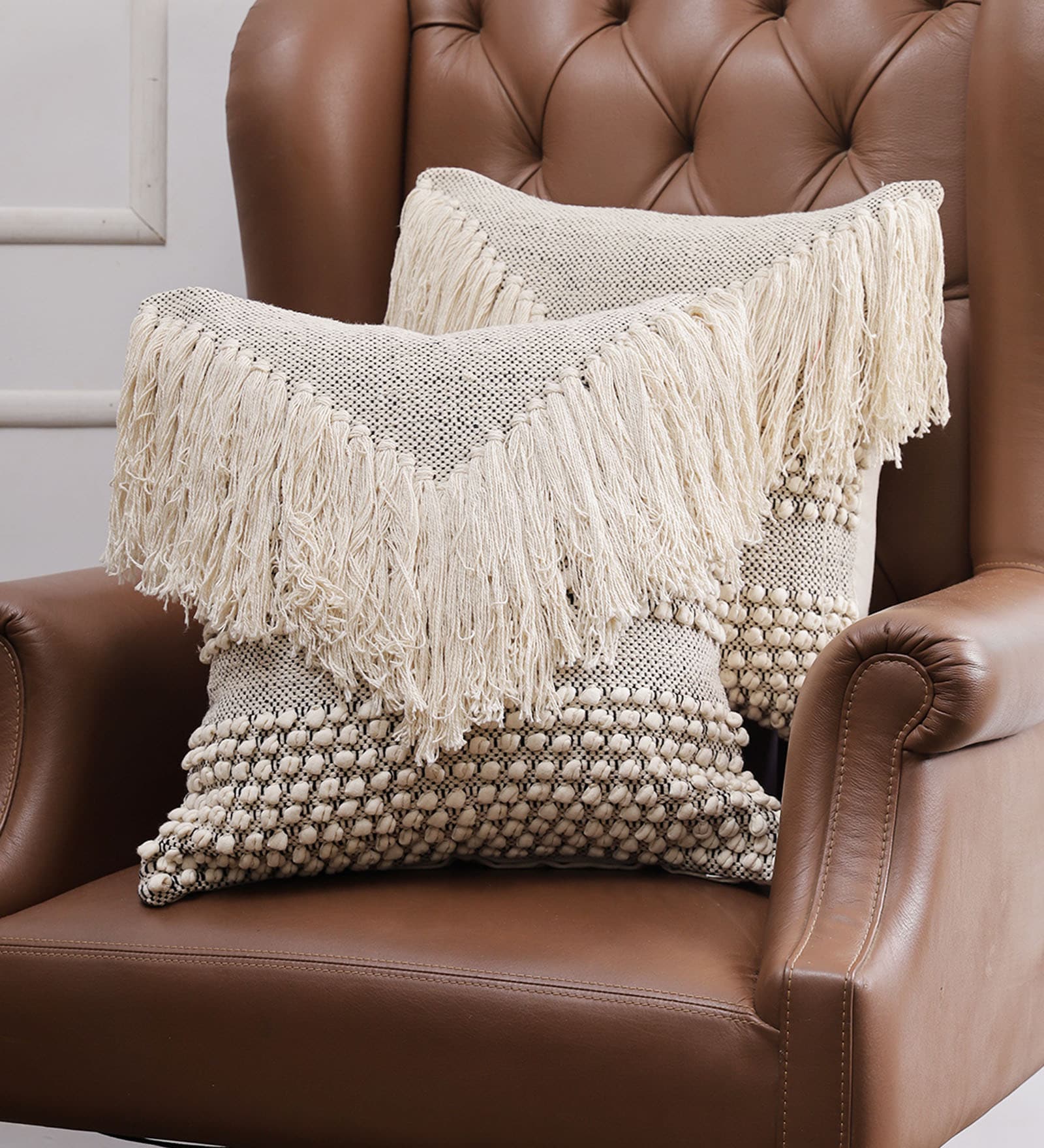 Cream Woven Cotton 18 x 18 Inches Cushion Covers (Set of 2)