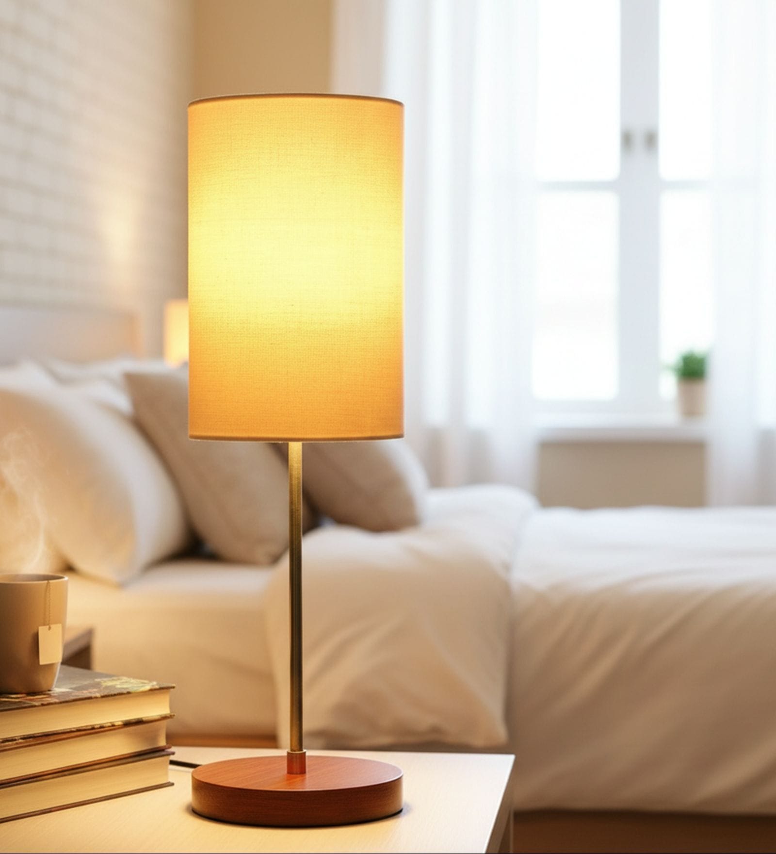 Cream Cylinder Fabric Shade Table Lamp, Brown Wooden Base Bedside & Desk Light for Bedroom, Living Room & Home Decor