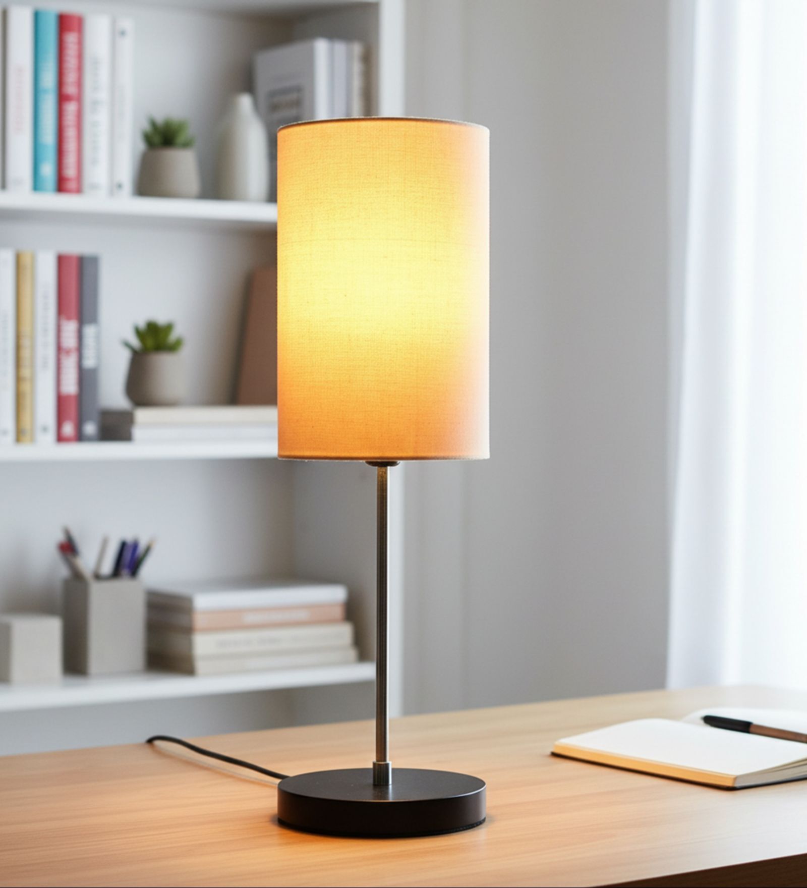 Cream Cylinder Fabric Shade with Modern Silver & Black Table Lamp for Bedroom & Living Room