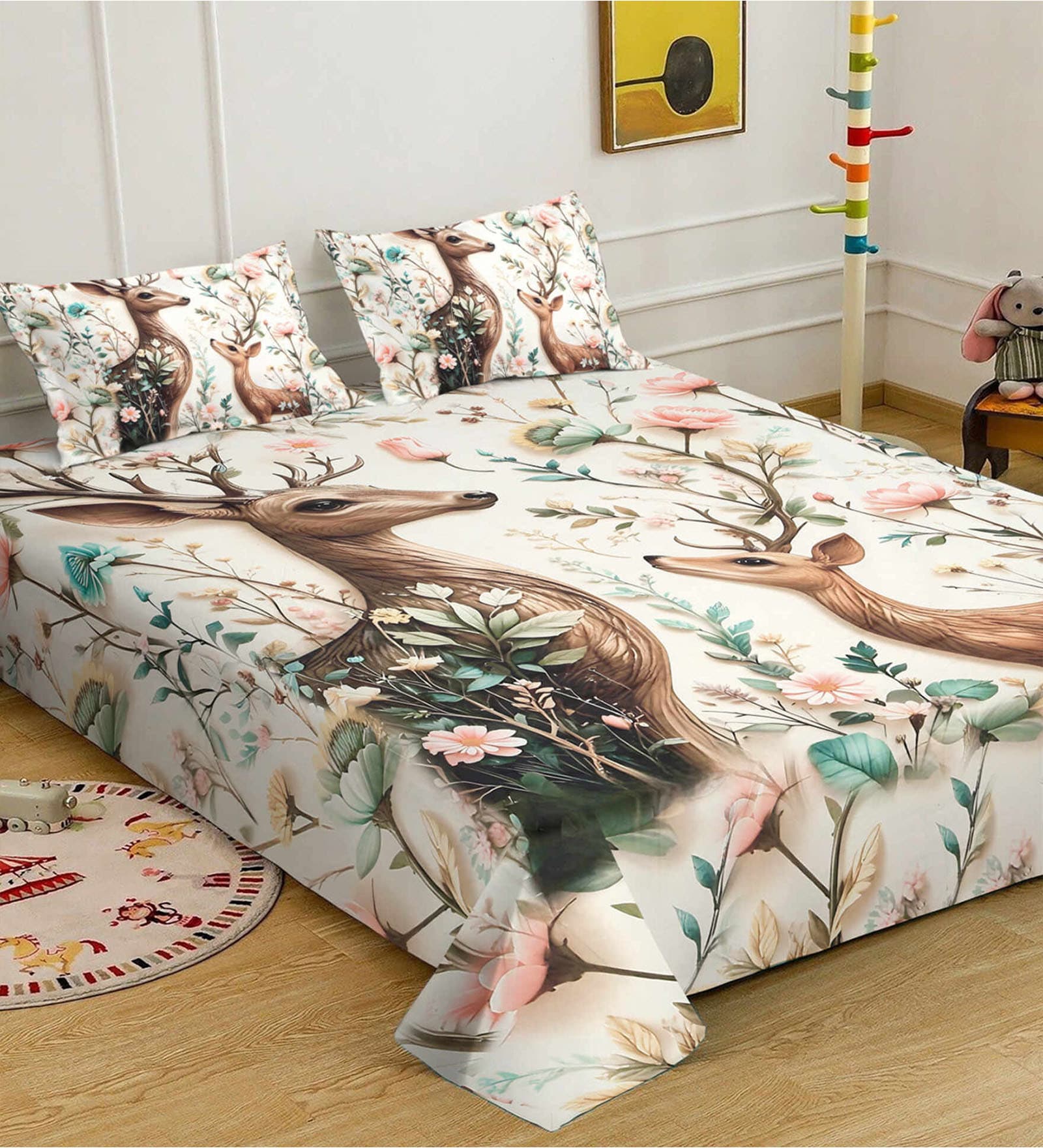 Cream Digital Animal Printed Cotton Blend Double Bedsheet with 2 Pillow Covers