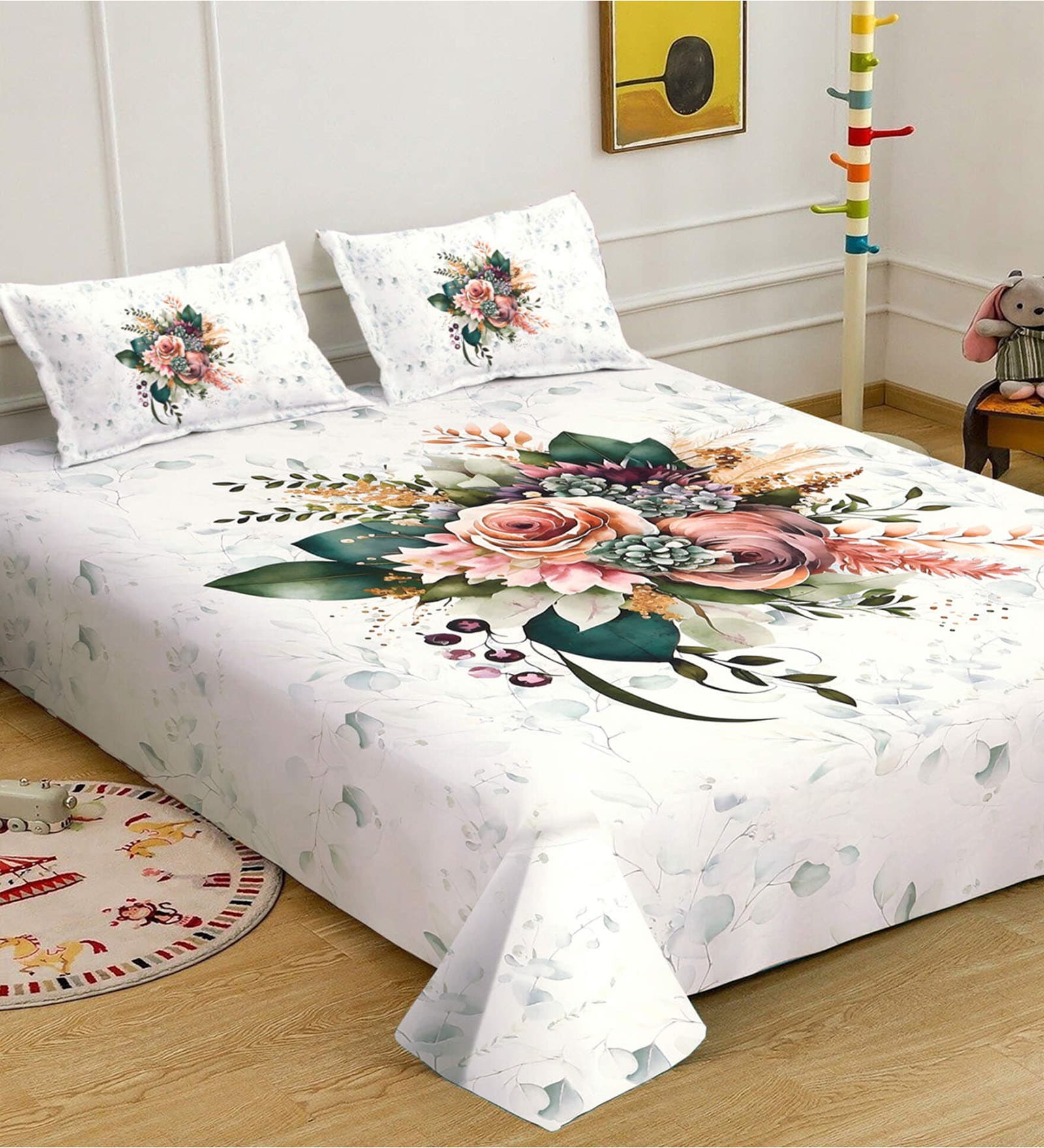 Cream Digital Floral Printed Cotton Blend Double Bedsheet with 2 Pillow Covers