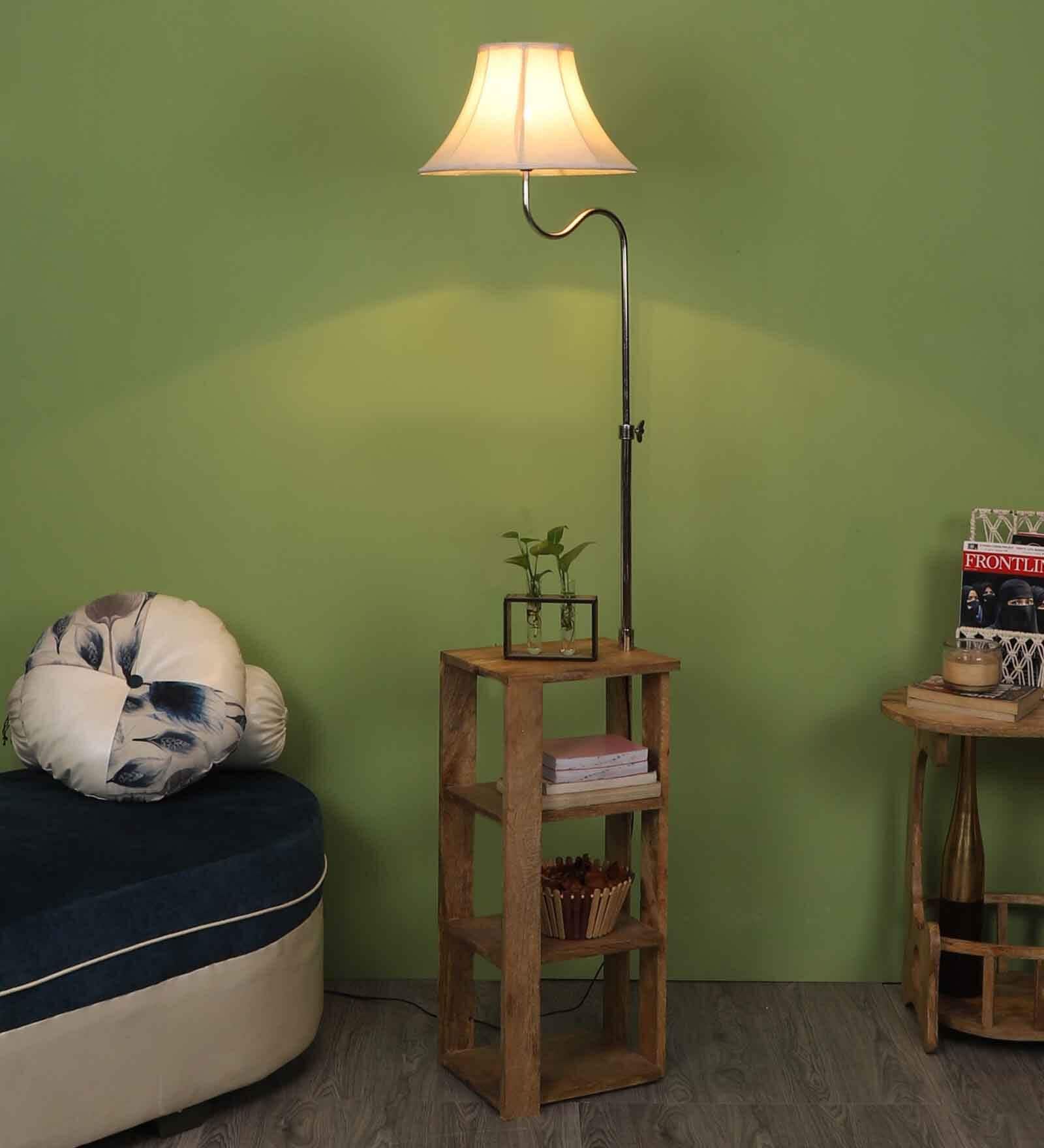 Lorelai Cream Fabric Shade Shelf Floor Lamp With Wood Base