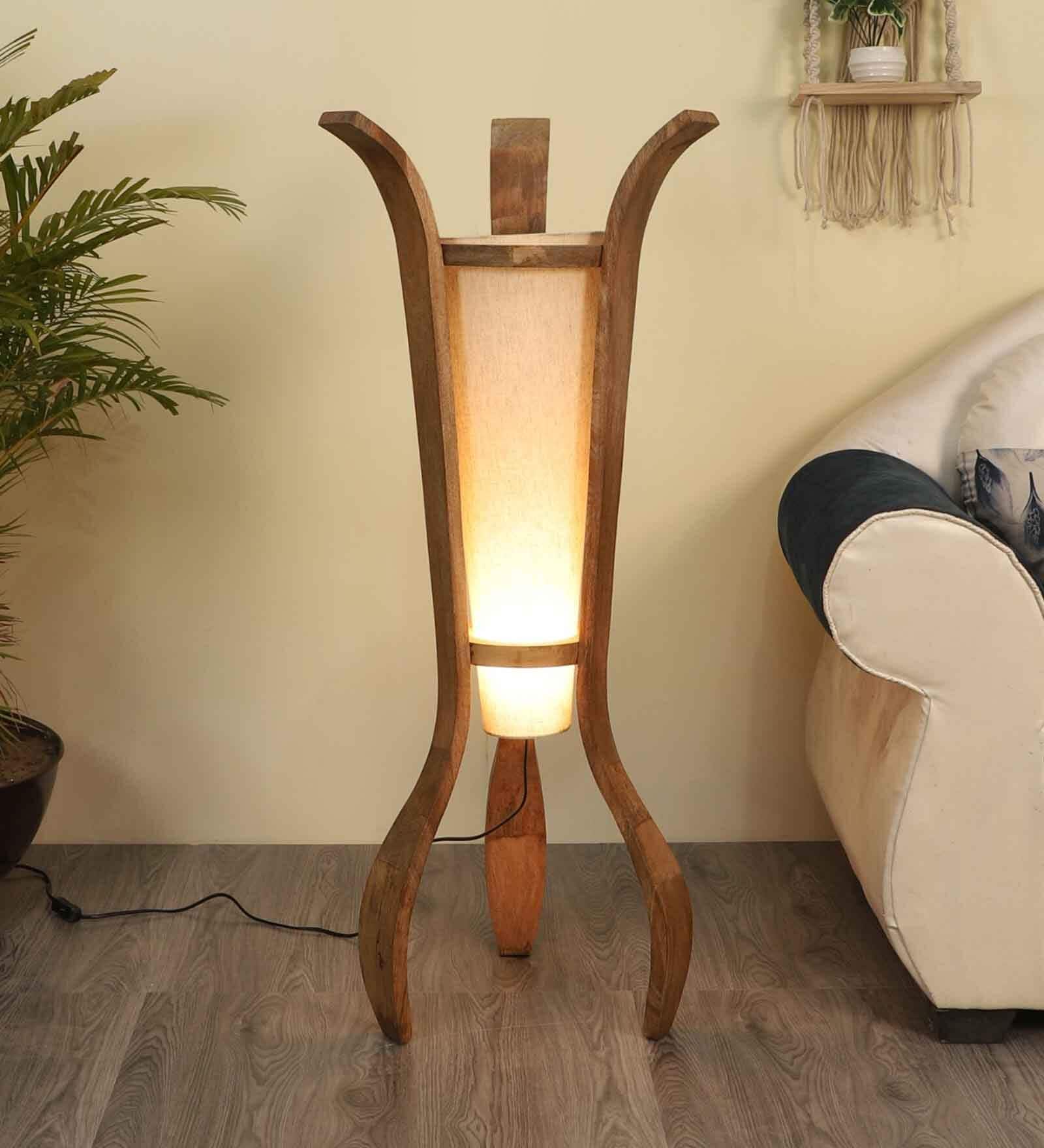 Cream Fabric Shade Novelty Floor Lamp With Wood Base