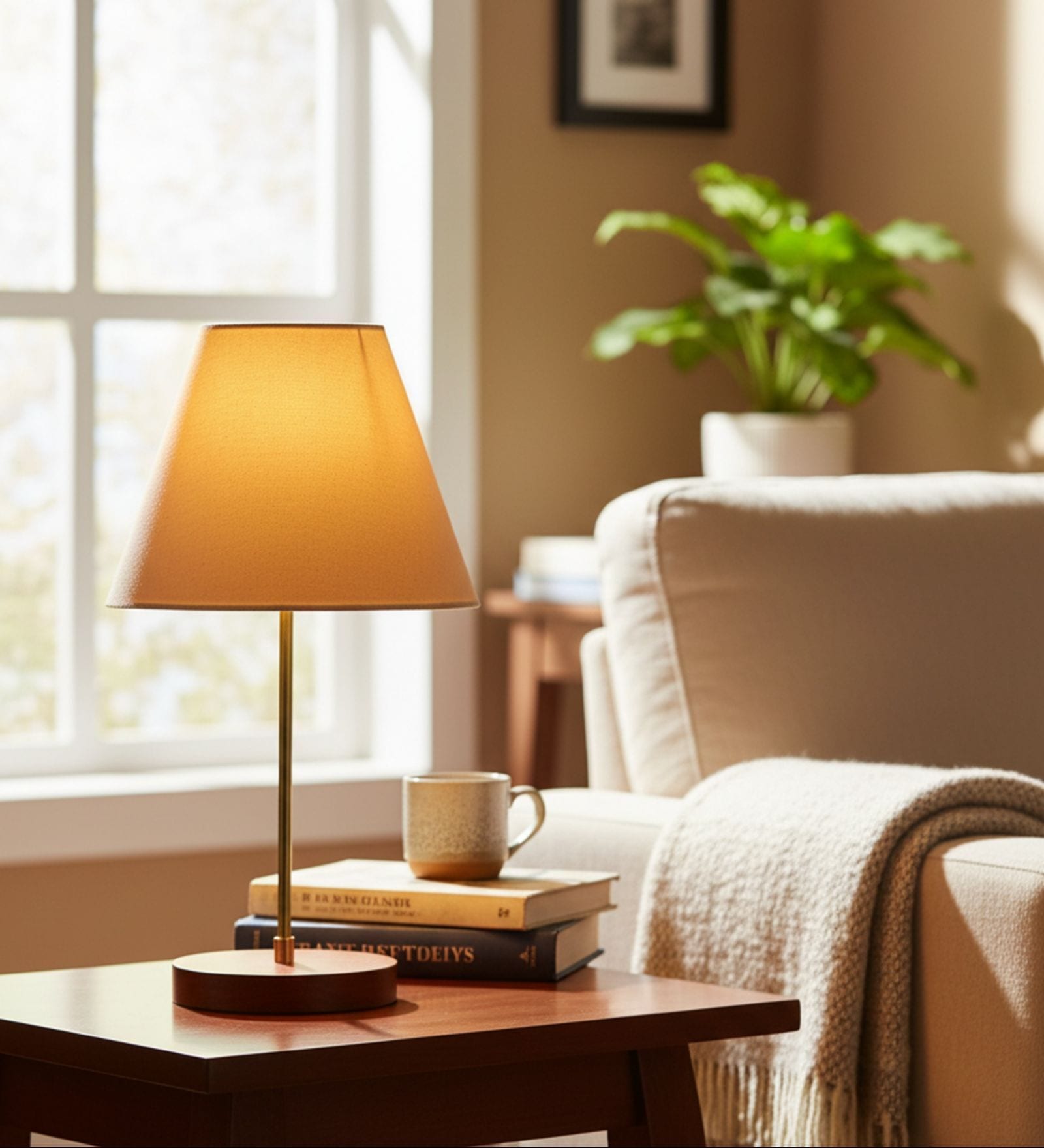 Cream Fabric Shade Table Lamp, Brown Wooden Base Bedside & Desk Light for Bedroom, Living Room & Home Decor