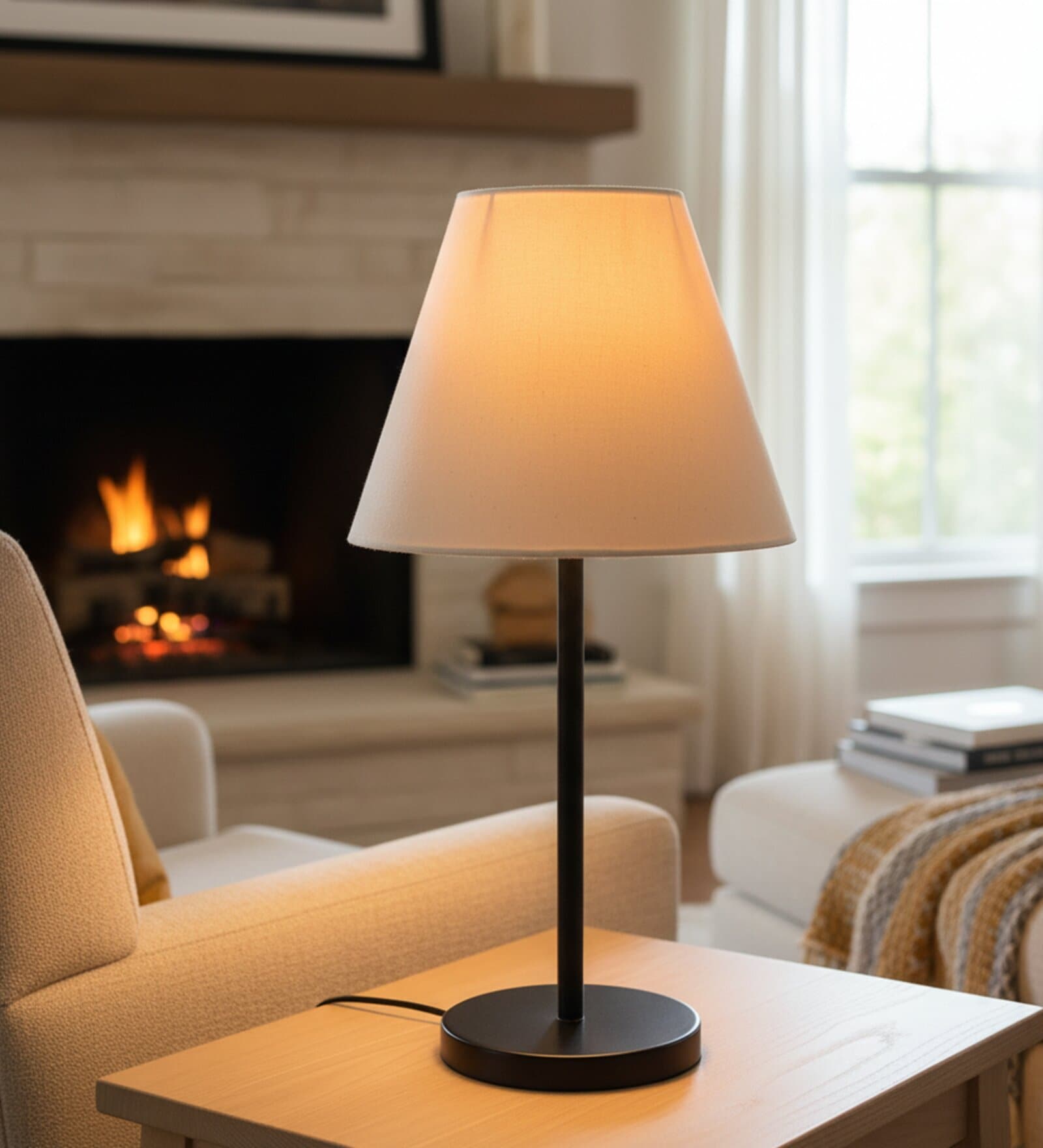 Cream Fabric Shade Table Lamp, Modern Bedside & Desk Lamp with Metal Base for Bedroom, Living Room & Home Decor