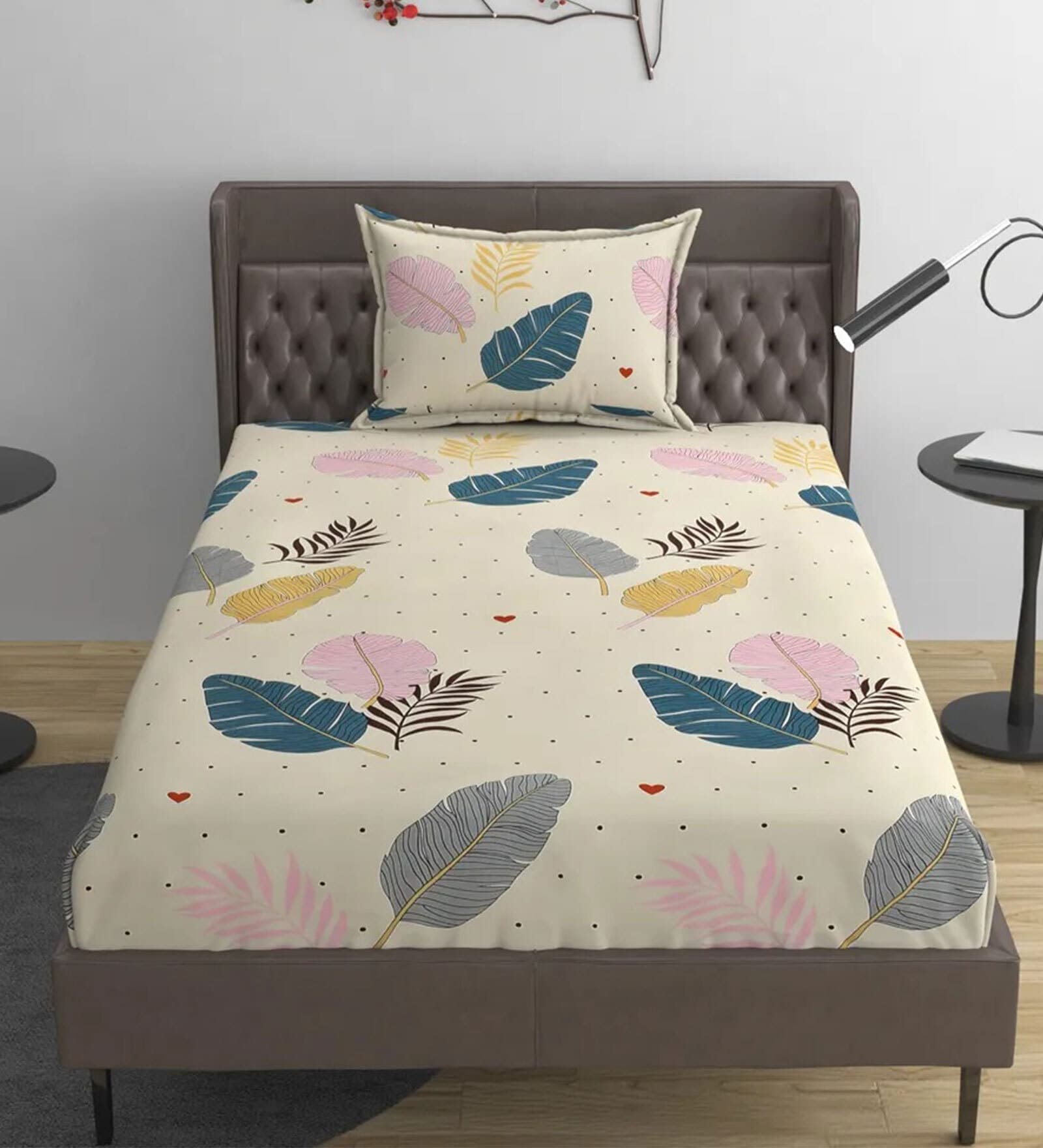 Cream Floral 144 TC Cotton Blend Single Bedsheet With 1 Pillow Cover