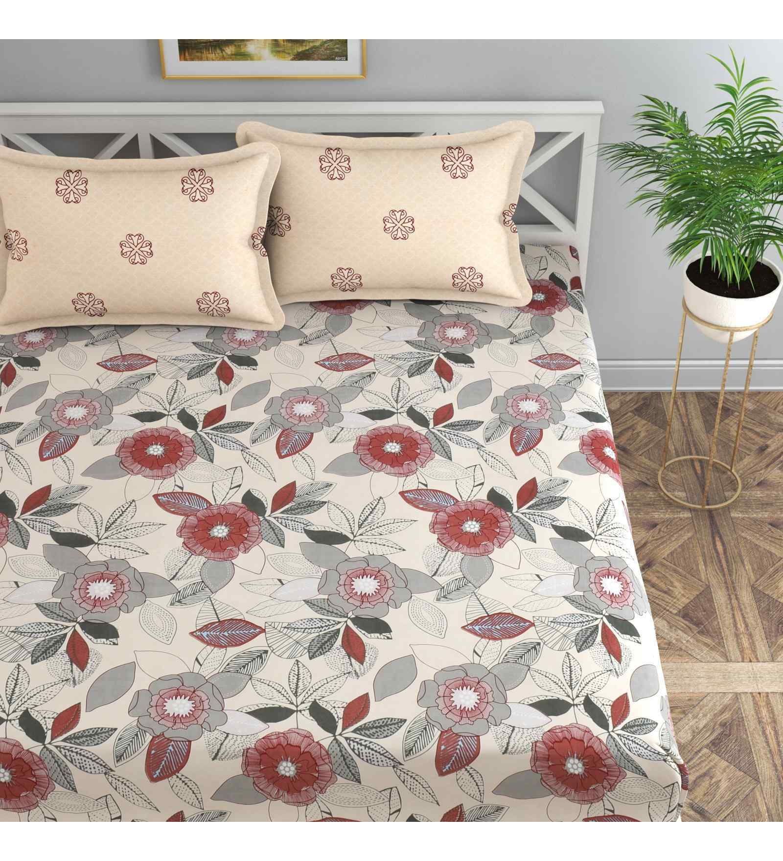 Cream Floral 144 TC Cotton Queen Sized Bedsheet Bedsheet 2 Pillow Prime Collection