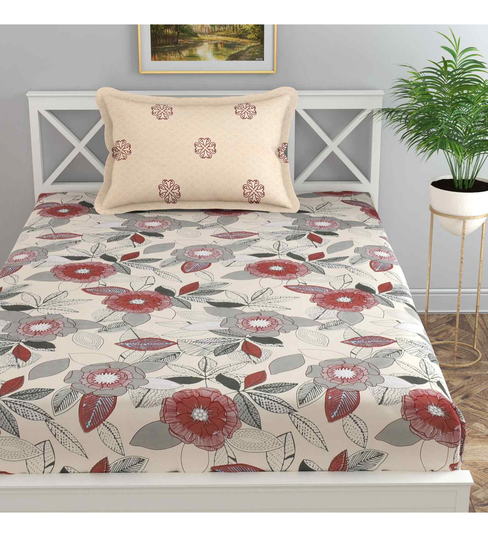 Cream Floral 144 TC Cotton Single Bed Sheet Bedsheet 1 Pillow Prime Collection