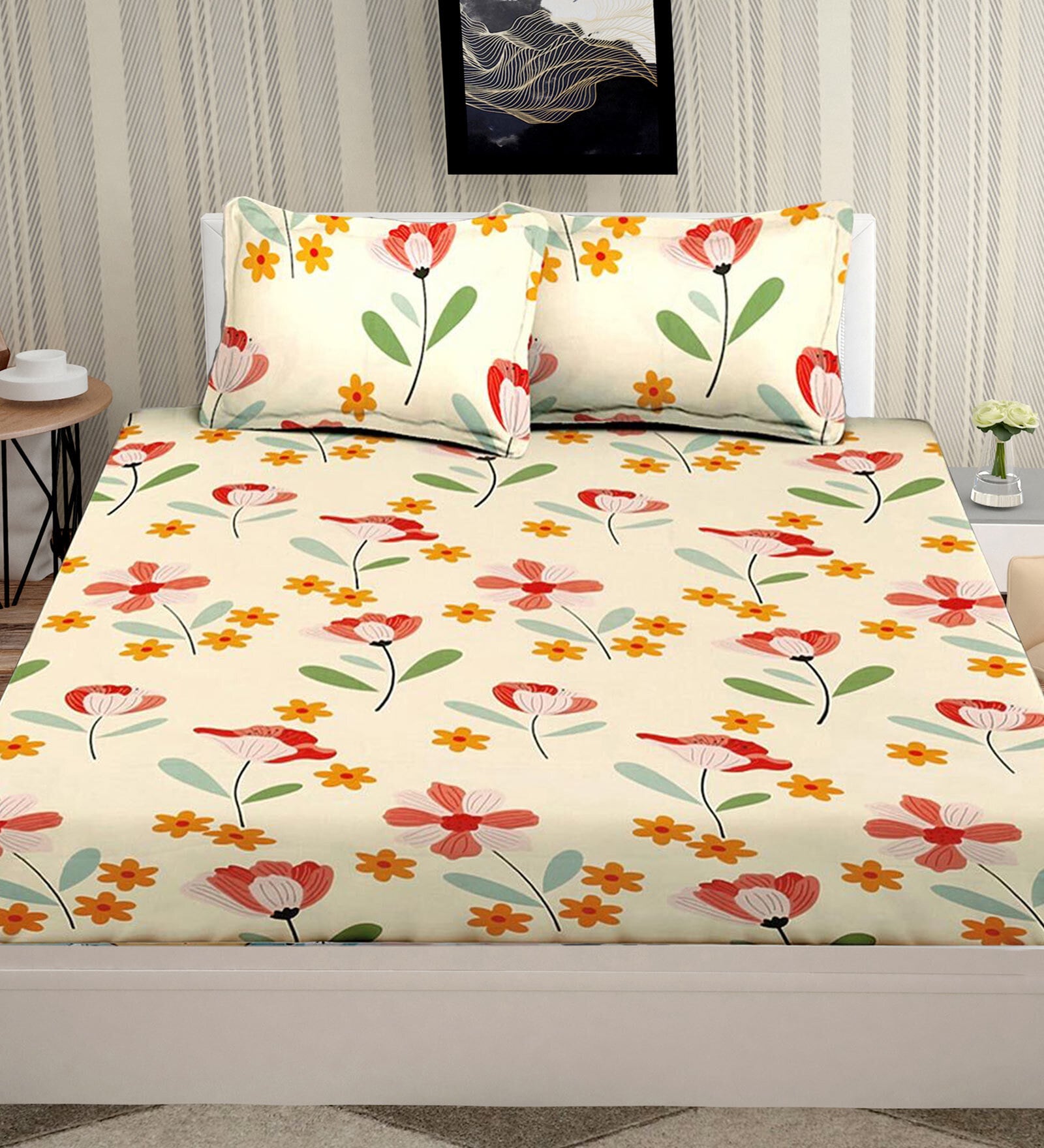 Cream Floral 160 TC Microfibre Queen Sized Bedsheet with 2 Pillow Covers
