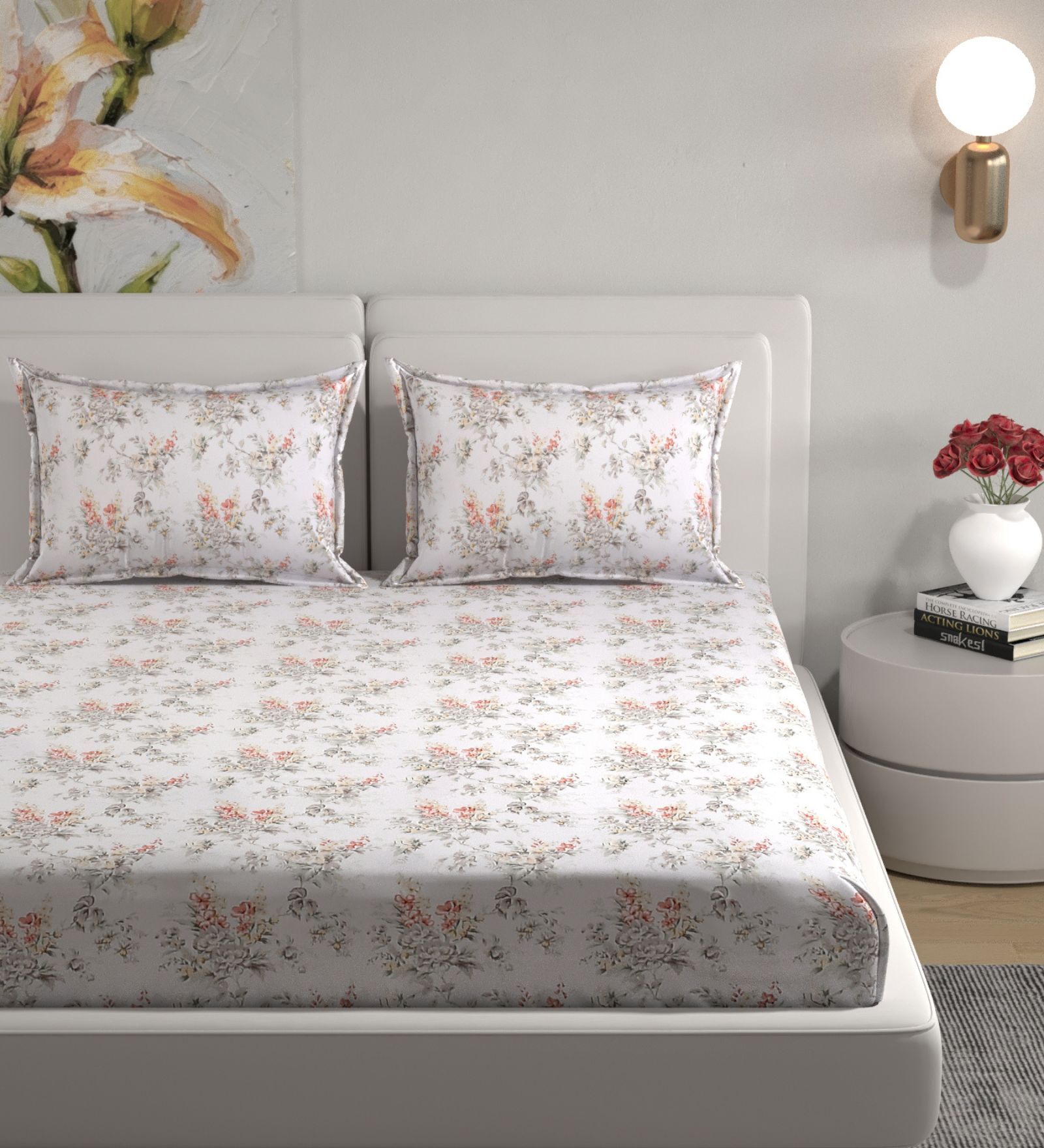Cream Floral 180 TC Cotton King Bedhseet 2 pillow covers