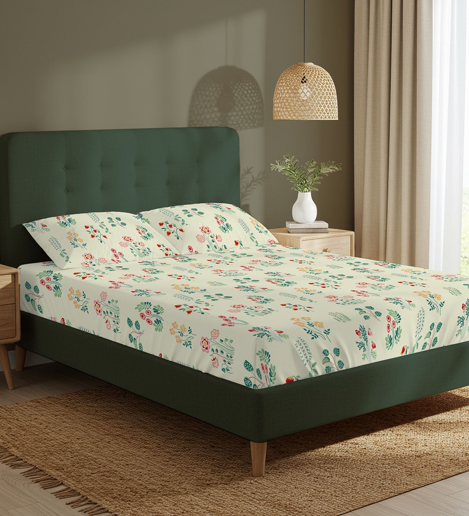 Cream Floral 200 TC Cotton King Sized Fitted Bedsheet with 2 Pillow Covers