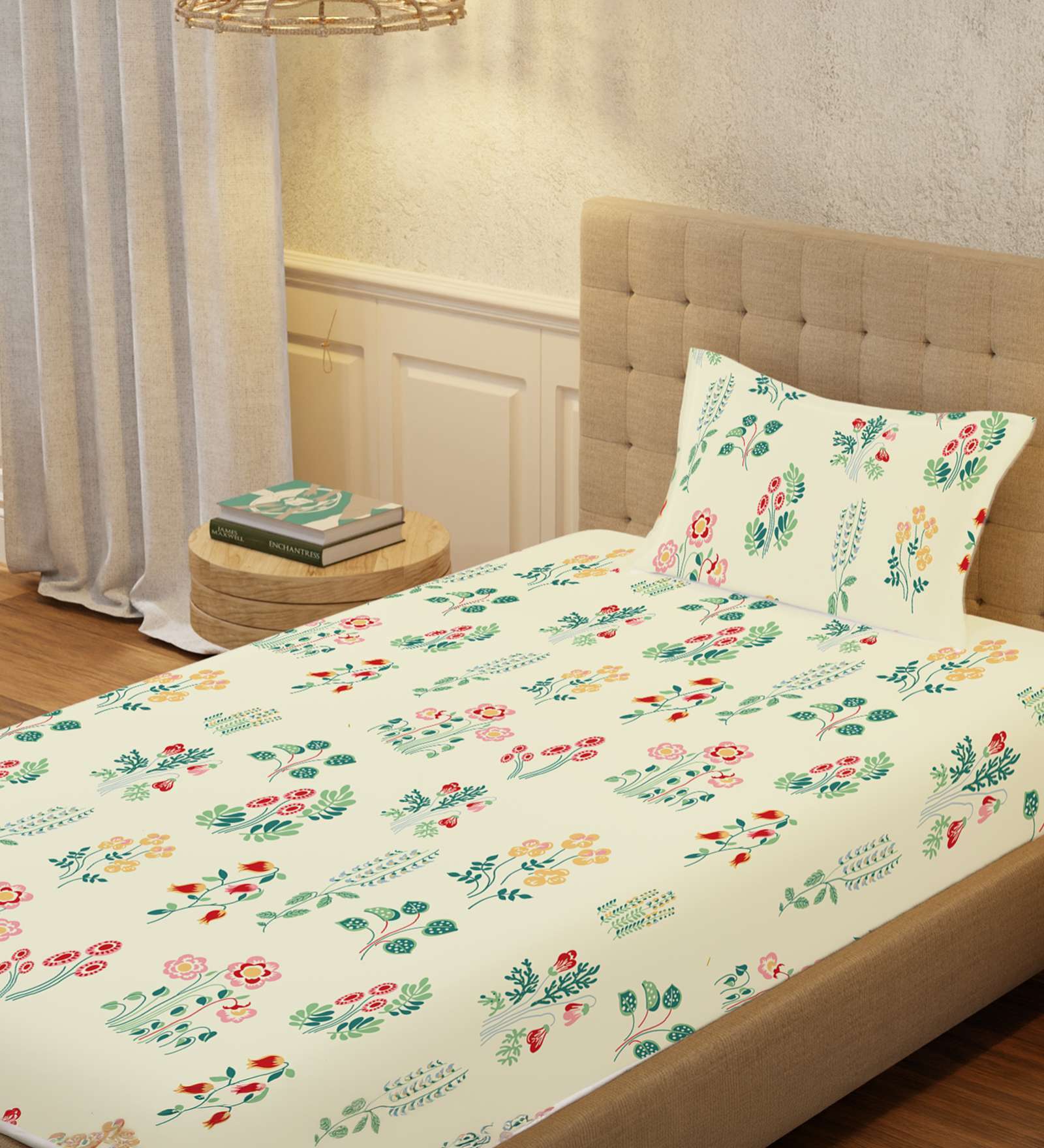 Cream Floral 200 TC Cotton Single Bedsheet with 1 Pillow Cover