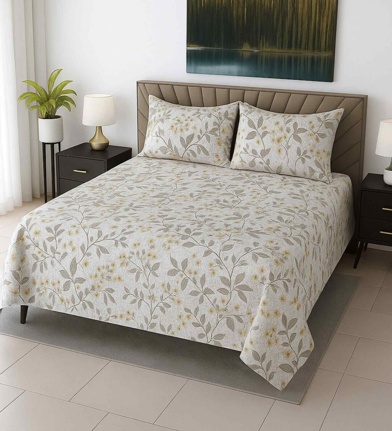 Cream Floral 210 TC Mix Cotton Super King Size Bedsheet with 2 Pilllow covers Essential Series Collection