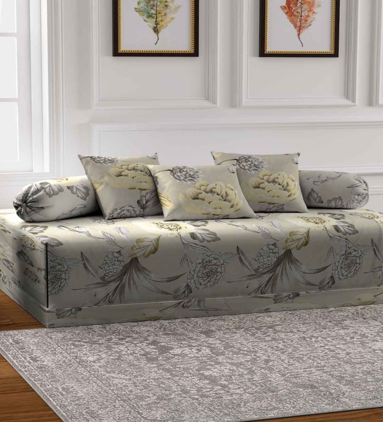 Grey Floral 210 TC Poly Cotton (Set of 6) Diwan Sets