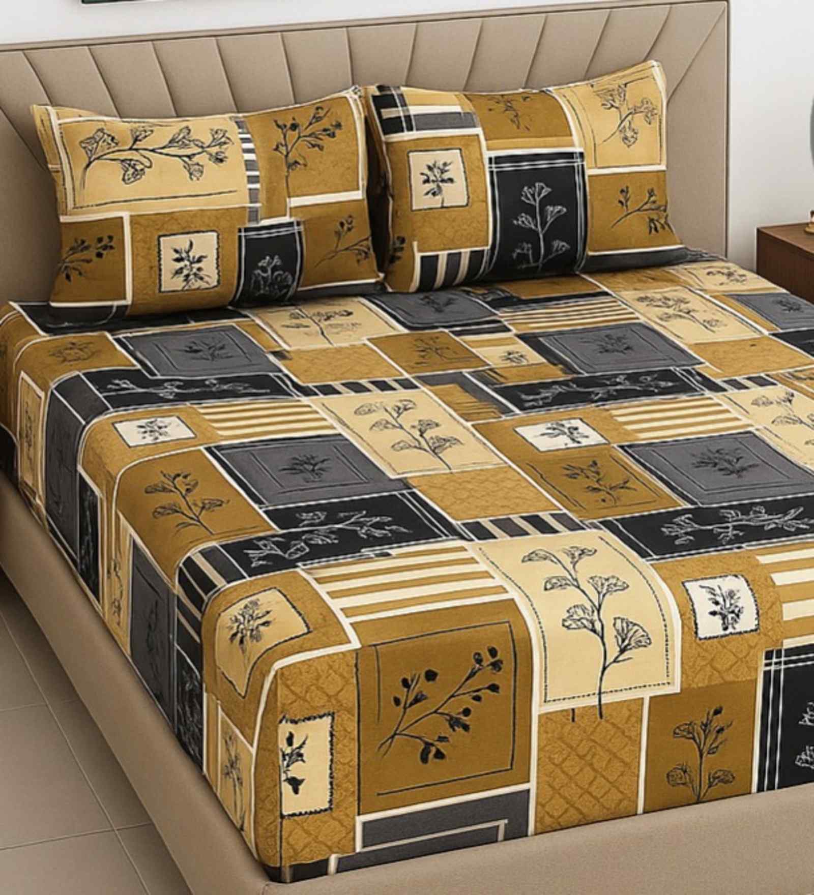 Cream Floral 400 TC Cotton Queen Size Bedsheet with 2 Pillow covers Essential Series Collection