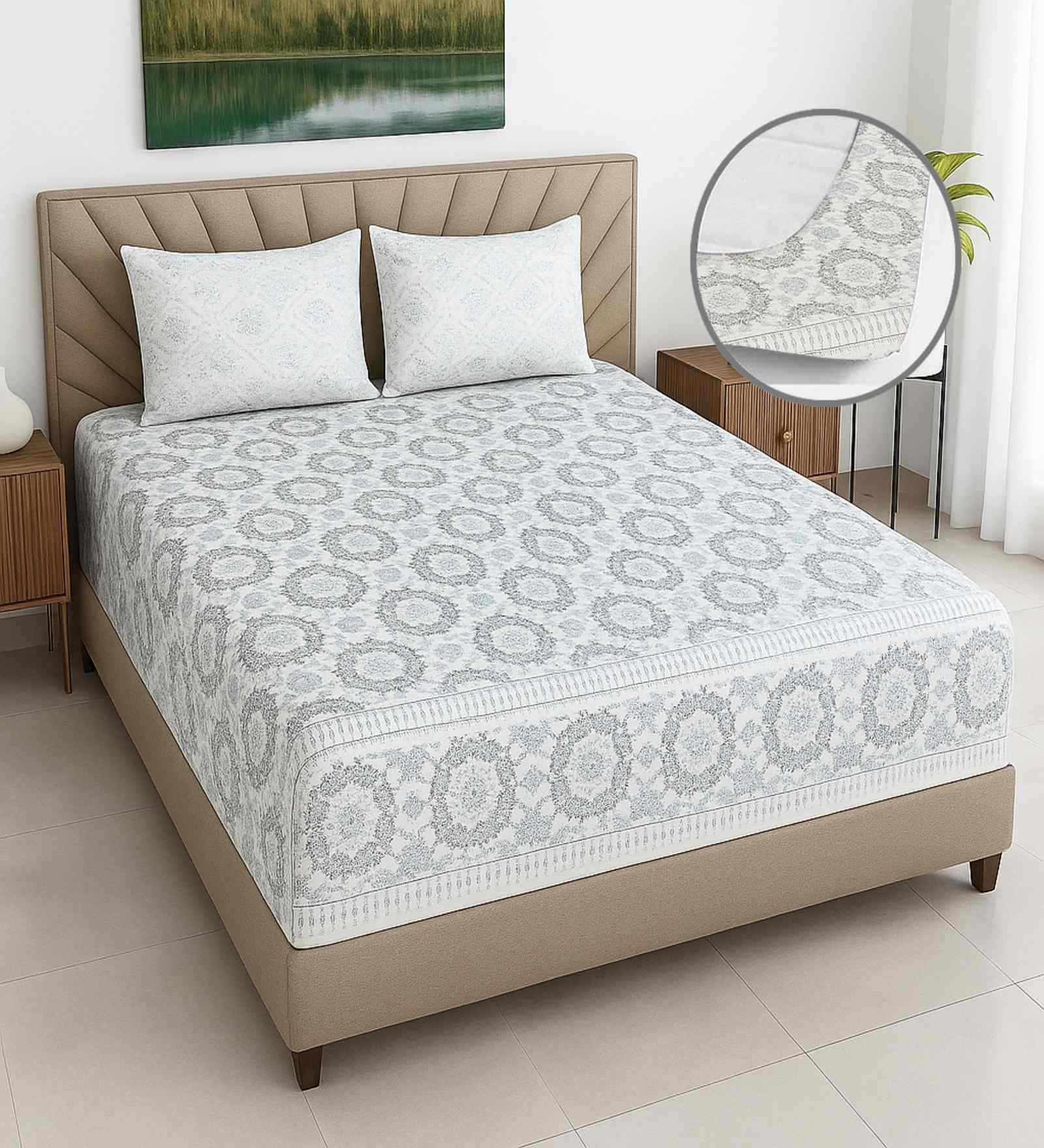 Buy Cream Floral 400 TC Cotton Queen Size Bedsheet with 2 Pillow covers ...