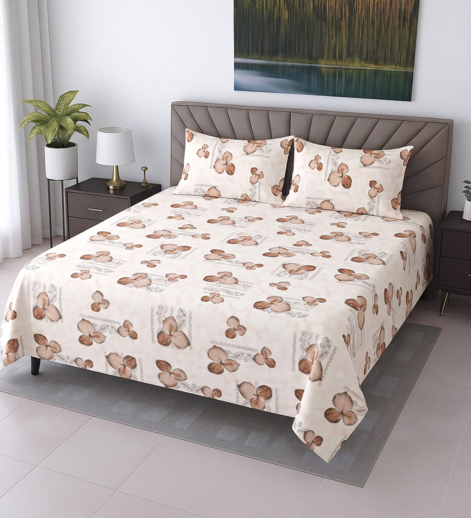 Cream Floral 400 TC Cotton Super King Bedsheet with 2 Pillow Covers Luxury Series Collection