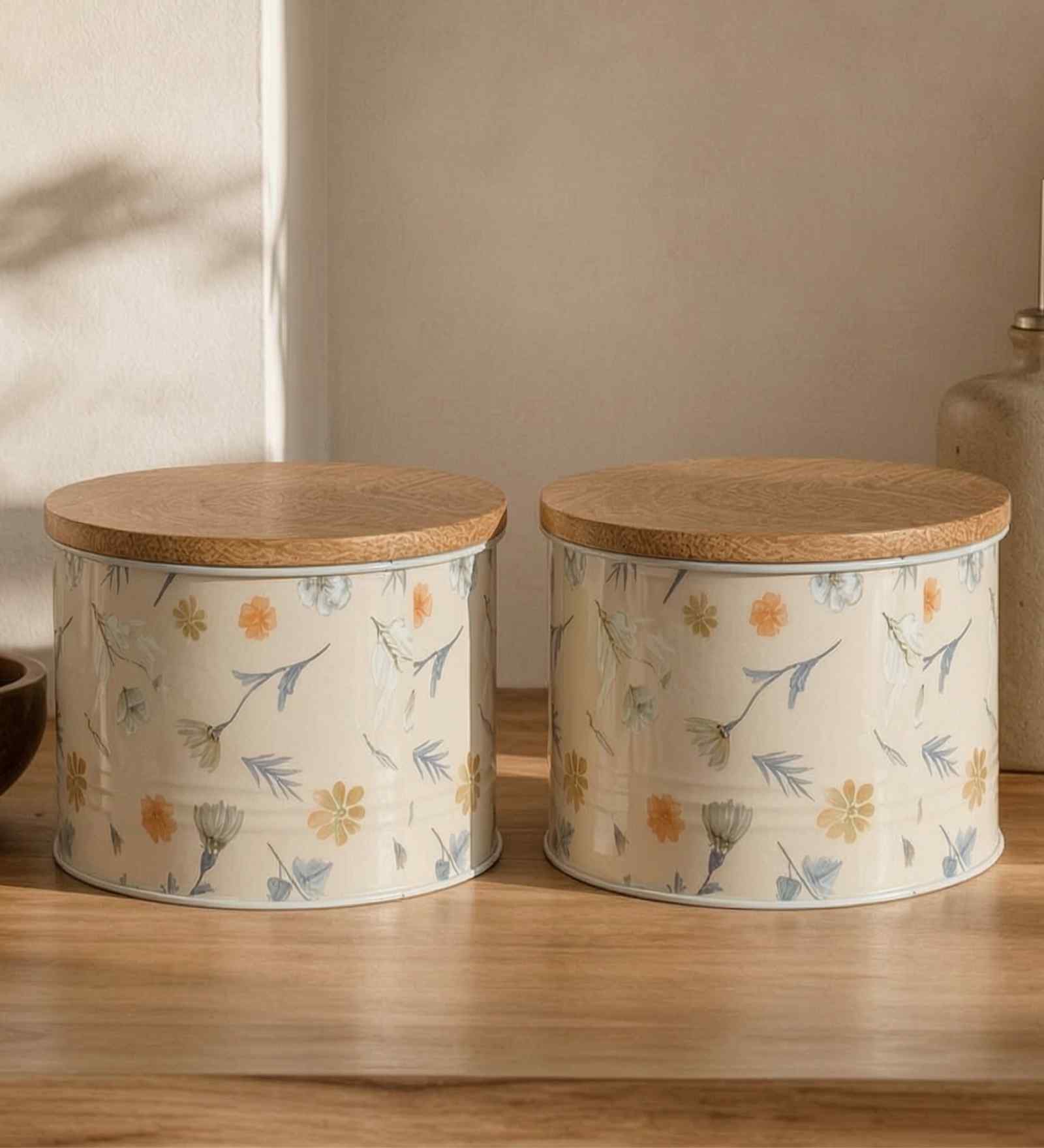 Cream Floral Chevron Printed Metal Airtight Containers With Wooden Lids Set Of 2