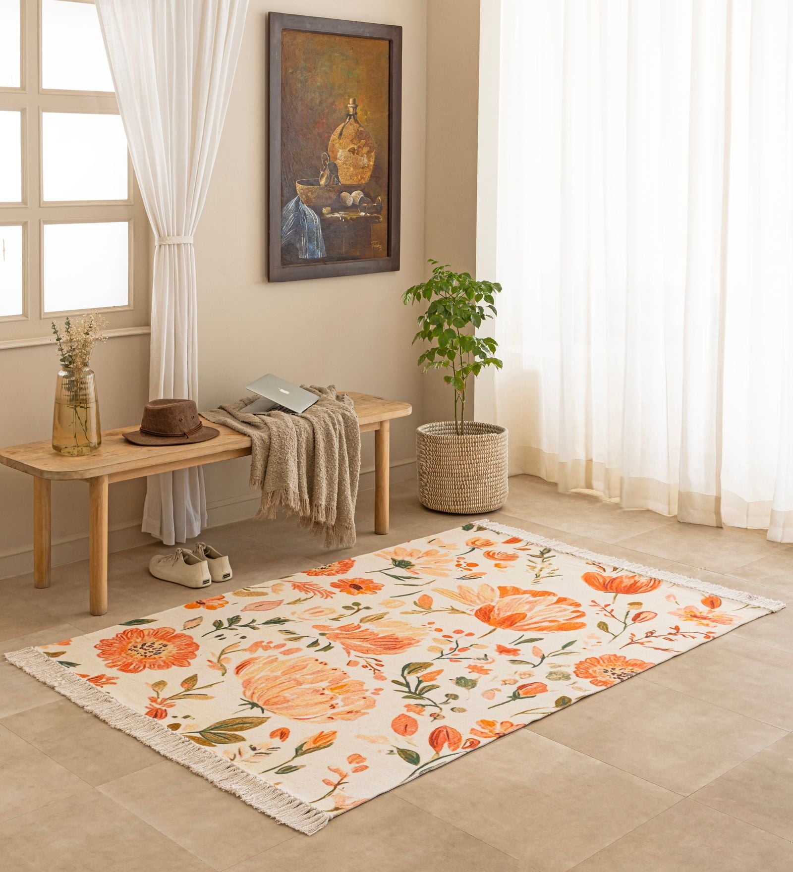 Cream Floral Hand Woven 6 Ft X 4 Ft  Dhurrie