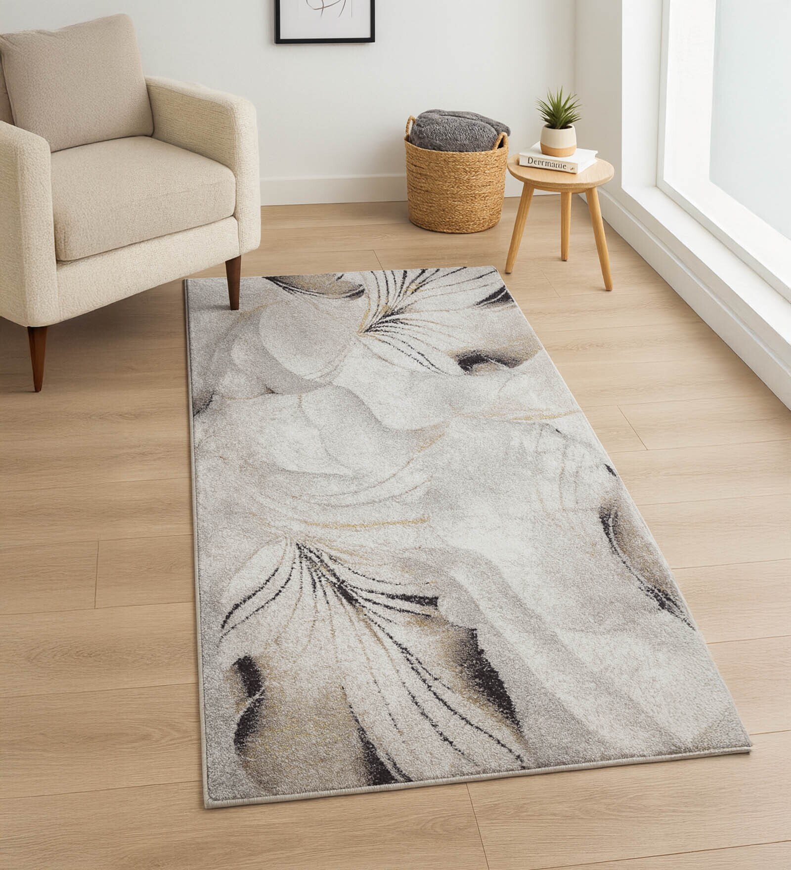 Cream Floral Polypropylene 5 ft x 2.5 ft Machine Made Runner