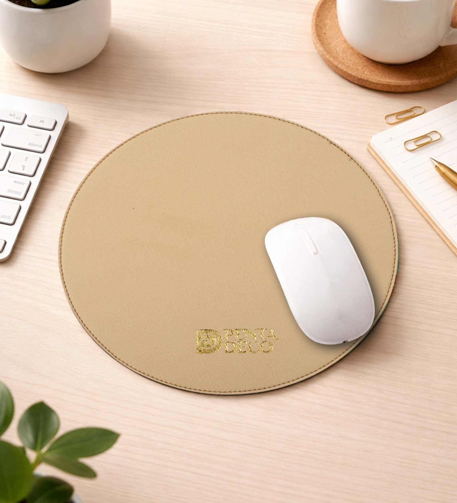 Cream Formal Plain Leather Round Mousepad