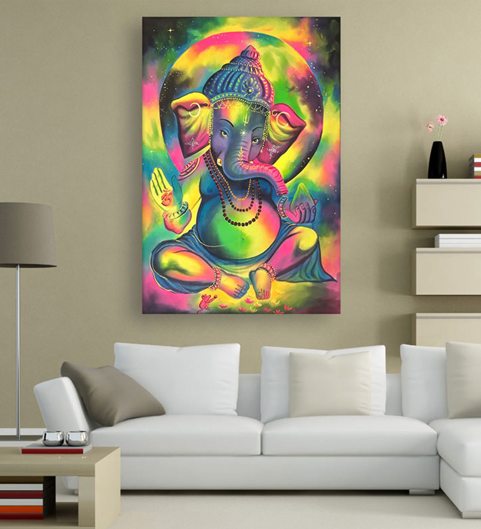 Ganesha In Cream Canvas Framed Art Print (33 x 21 Inches)